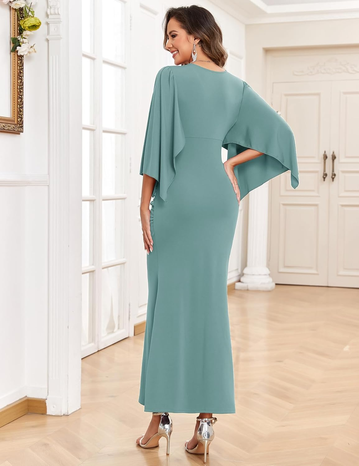 Maxi Maternity Dress with Flower Sash Semi Formal Baby Shower Wedding Guest V-Neck Handkerchief Sleeves Elegant image number 6