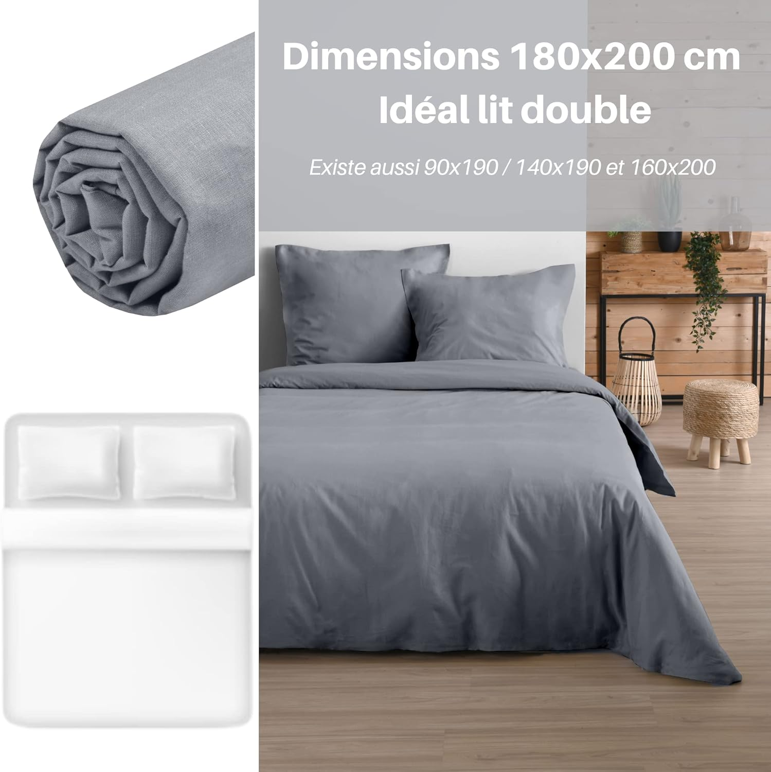 Lovely Casa - Fitted Sheet - Size 180 X 200 Cm - Large 30 Cm - 100% Oeko-Tex Certified Cotton - Mouse Colour - Eden Model - Bed Linen for Home - Soft and Comfortable for a Cosy Nest image number 4
