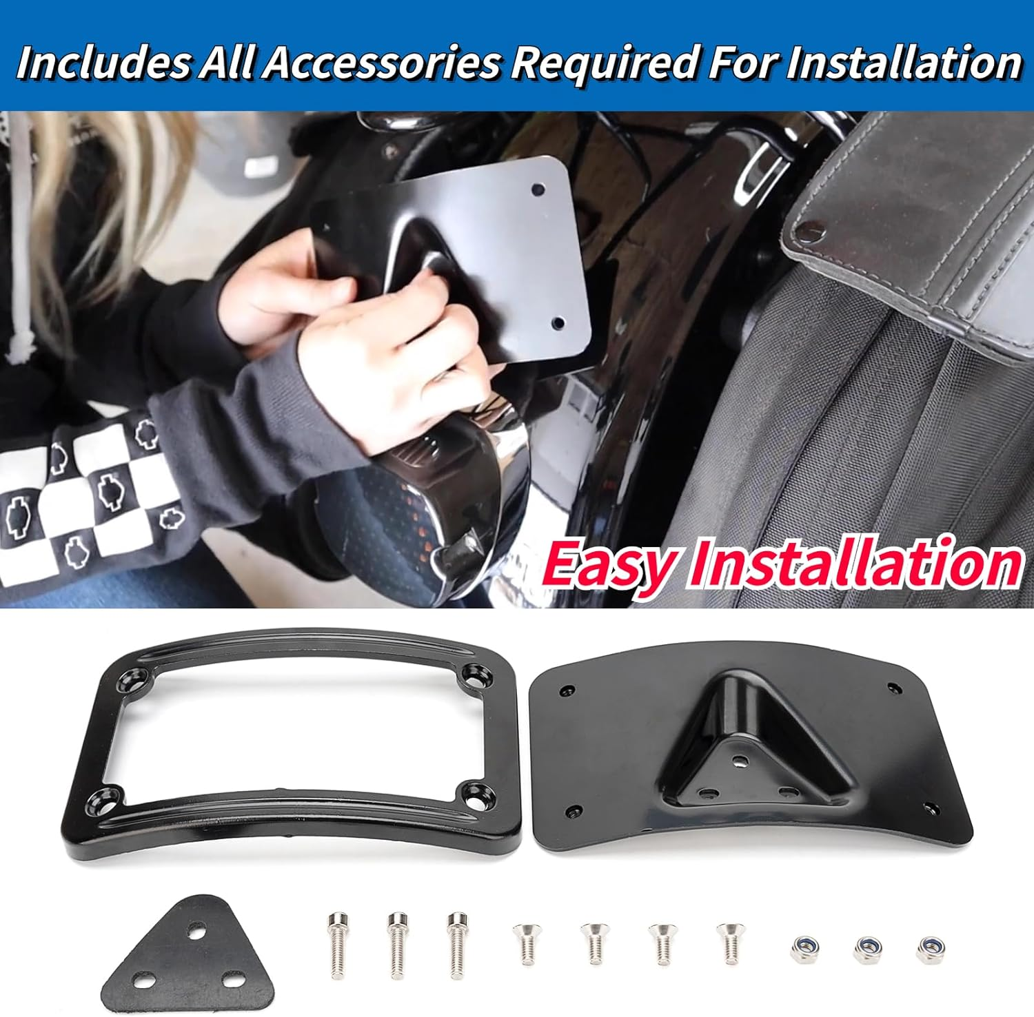 3148 Curved Laydown License Plate Mount with Frame Compatible with Harley Davidson 3 Hole Mount (Black)