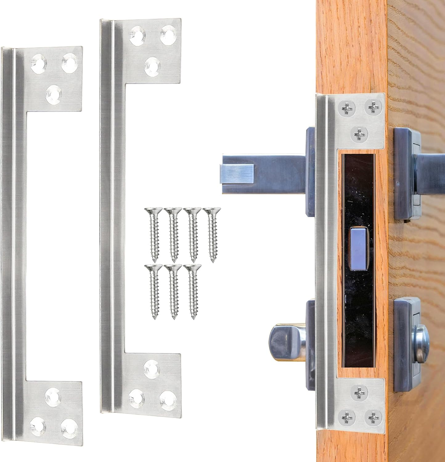 Door Latch Guard Plate, 7" L-Shaped Door Reinforcement Plate, Stainless Steels Outswing Door Security Latch Protector, Door Lock Cover to Block Access to Door Lock Deadbolt (1 Pcs，Silver)