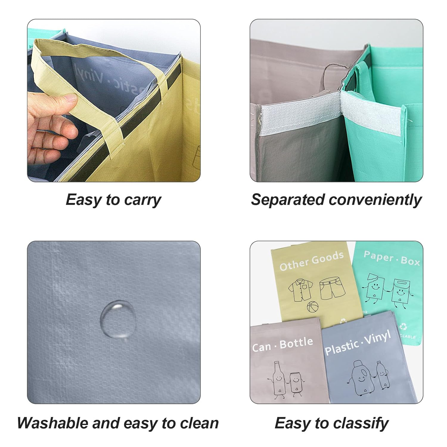 BOMEI Modern House Separate Recycling Waste Bin Bags for Kitchen Home Recycle Garbage Trash Sorting Bins Organizer Waterproof Baskets Compartment Container (Big Size 4 Bags Set) image number 4