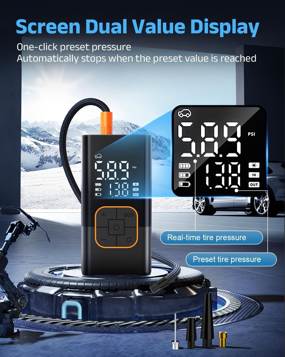 Cordless Tyre Inflator Air Compressor, Electric Bike Pump & Car Tyre Pump with Digital Pressure Gauge 150 PSI, Dual Values Display, LED Light, Portable Tyre Inflator for Car/Bicycle/Motocycle/Ball