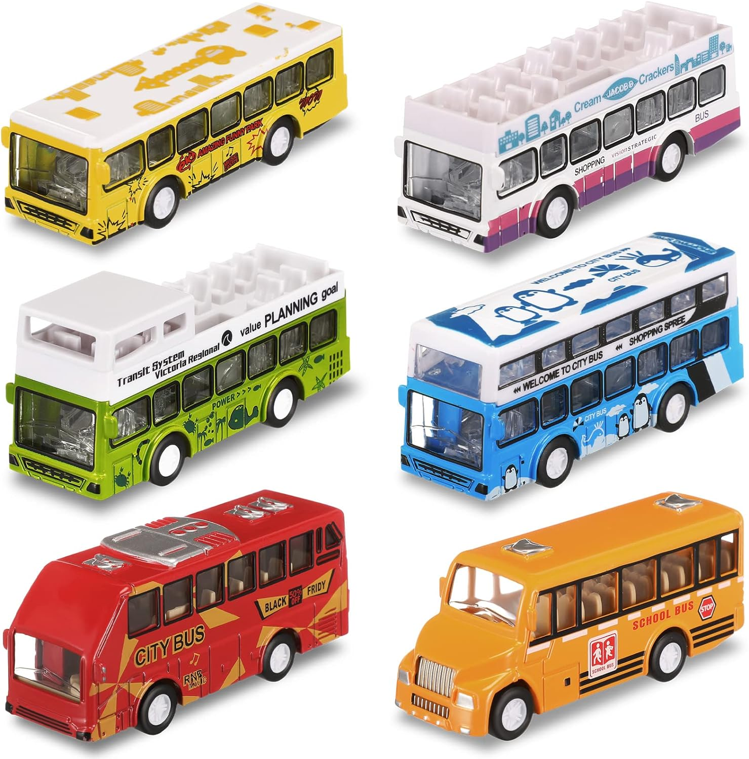 6 Pcs School Bus Toy Bus Toys Cars Set Toy Bus Die Cast Metal Cars City Bus Double Decker Friction Powered Cars Play Toys Gift Play Vehicle with Opening Doors, 6 Styles image number 6