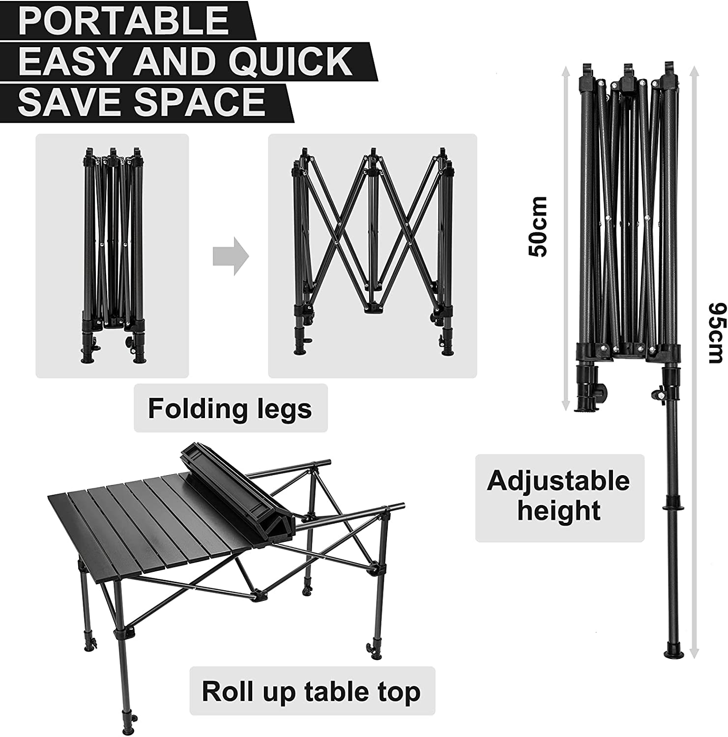 Night Cat Camping Table Foldable Outdoor Table Portable Adjustable Height 95 X 55 Cm Waterproof BBQ Barbeque Garden Backyard