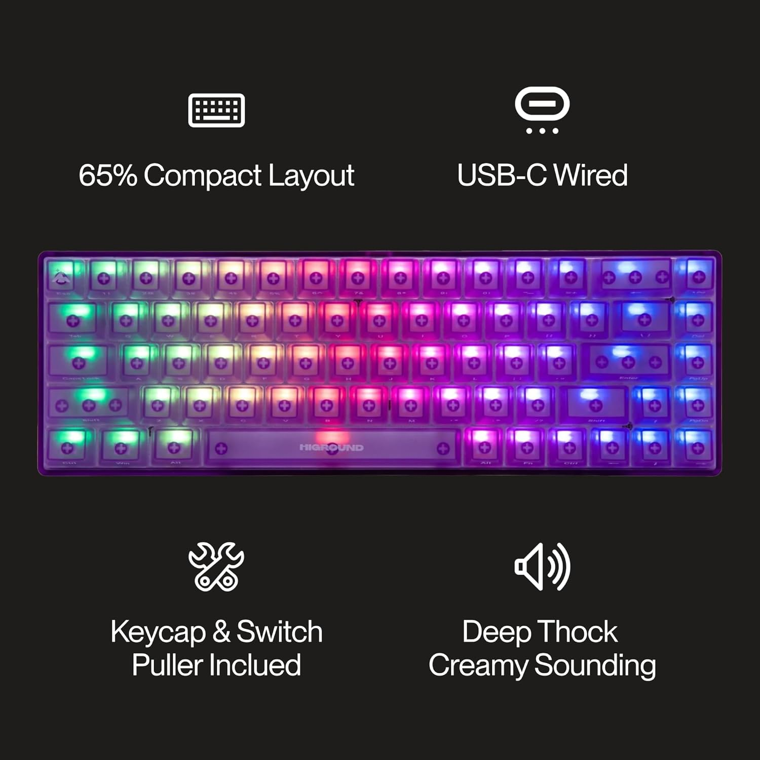Higround Crystal Amethyst Basecamp 65% Mechanical Keyboard, White Flame Switches for Precision, Programable RGB, Translucent, Smooth Typing, Hot-Swappable, Deep Thocc Dual Silicone Dampening image number 5