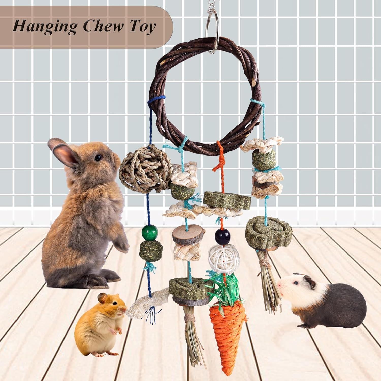 Grddaef Rabbit Chew Toys, Bunny Cage Hanging Toys Rattan Ring Treats Grinding Teeth for Rabbit Guinea Pig Chinchilla Hamster Ferret image number 2