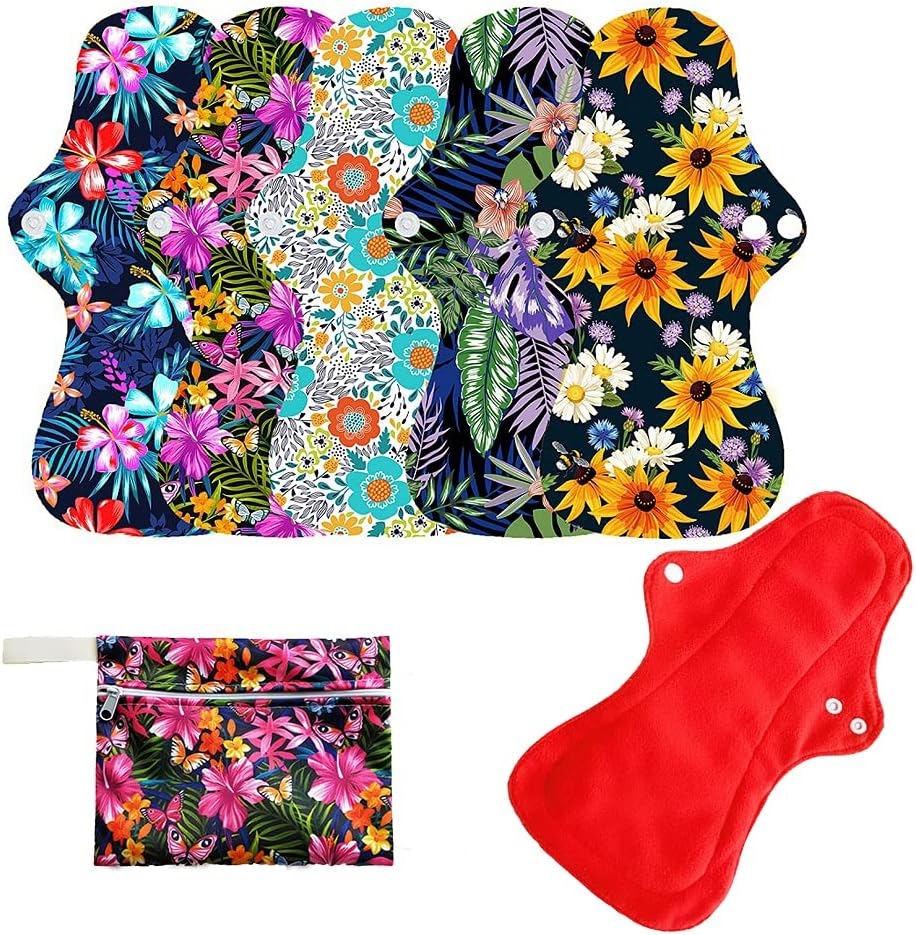 6Pcs Resuable Waterproof Menstrual Pad Sets Including 1Pc Mini Wet Bag and 5Pcs Heavy Flow Red Color Microfleece Stay Dry Menstrual Pads Mama Cloth Sanitary Napkins&hellip; image number 5