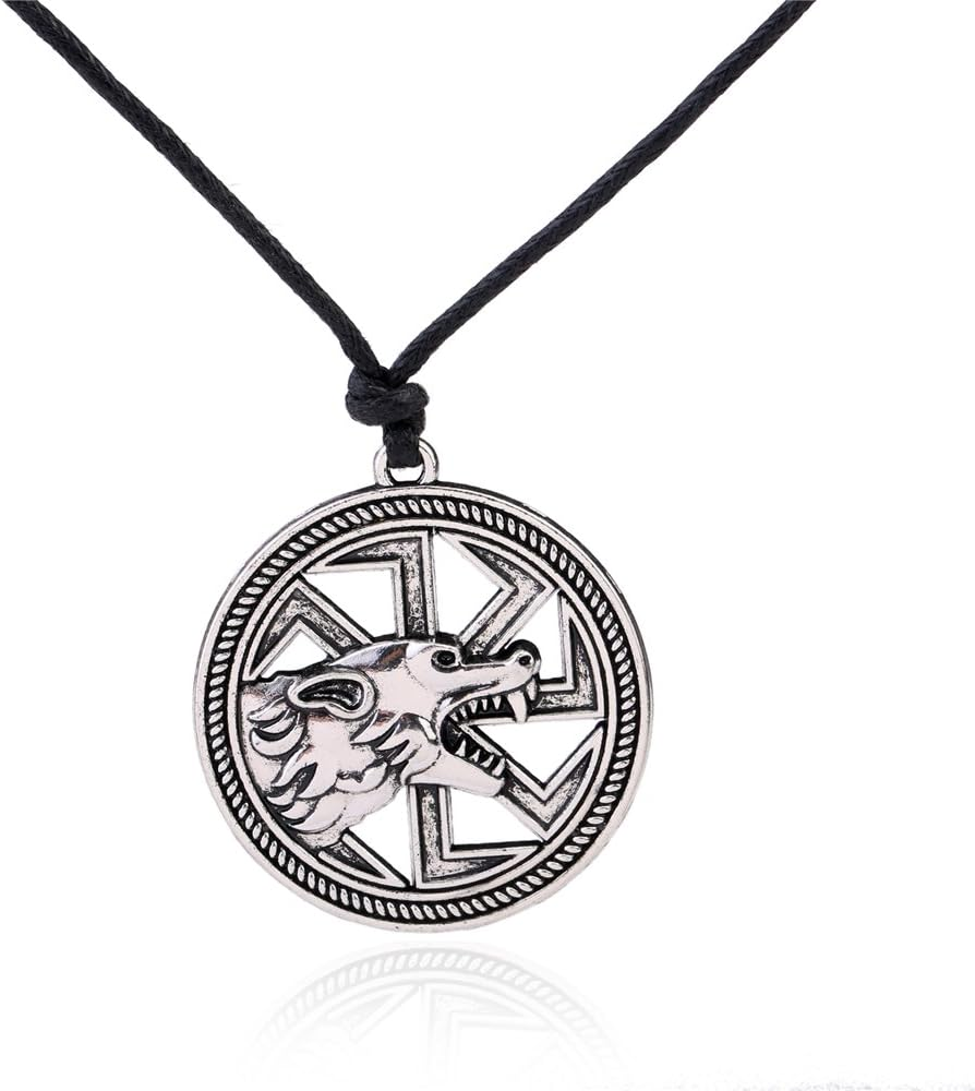 (Antique Silver) - Wicca Vintage Bold Punk Wild Animal Wolf Head Sun Wheel Runes Amulet Pattern Necklace image number 4