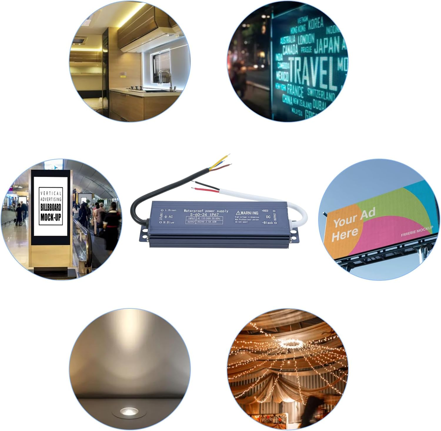 IP67 Driver Switch Power Supply Transformer Adapter AC -240V to DC 24V 120W Constant Voltage Output for Strip Light Lightbox Sign D