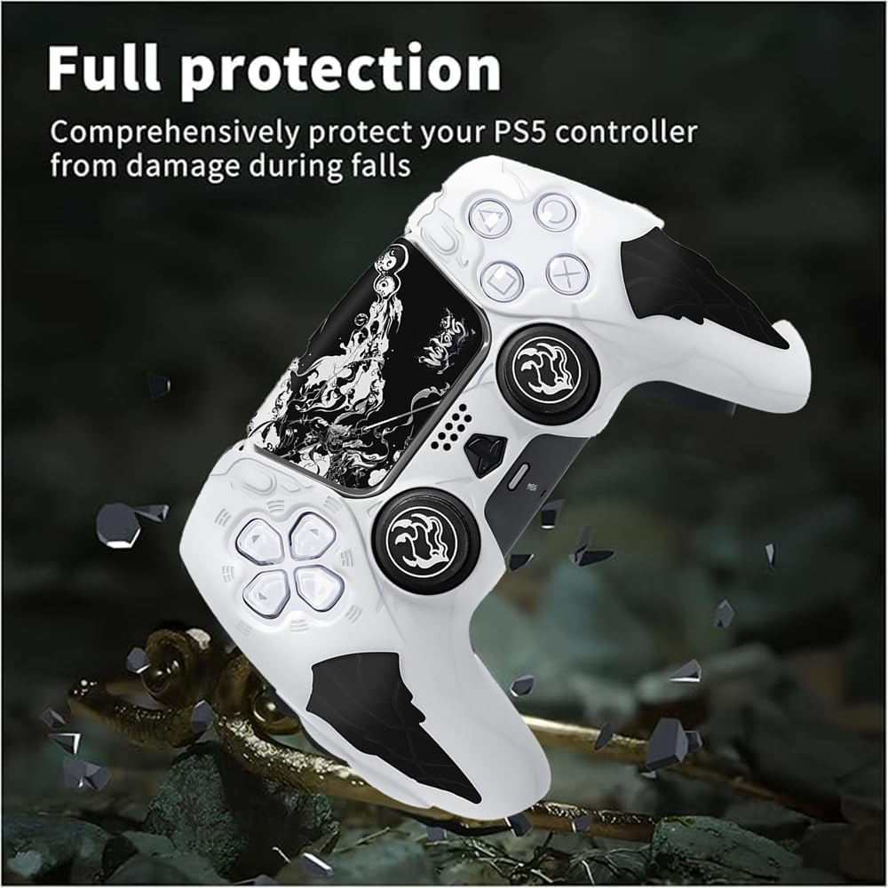 JOWILIN PS5 Controller Cover Case, Anti-Slip Silicone Cover with Thumb Grip Caps, Joystick Protectors and Cover Wrap Sticker, Ergonomic Design for PS5 Controller, Black Myth Wukong (White) image number 4