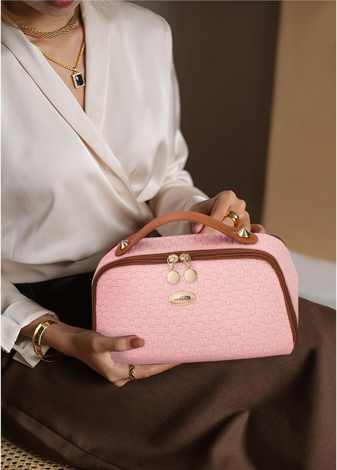 DDPOND Makeup Bag Organizer Cosmetic Bags for Women with Handle Toiletry Bag PU Leather Dark Brown - Pink image number 2