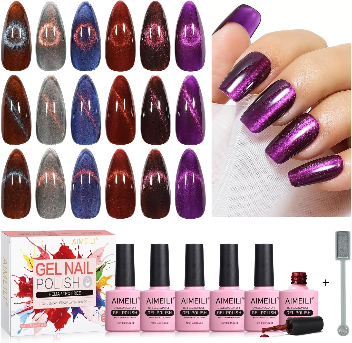 AIMEILI Cat Eye Gel Nail Polish U V LED Hema Free Cruelty Free Vegan Gel Polish Colors for Nail Art Kit Set of 6Pcs X 10Ml - Kit Set 71 - Set6-68 image number 3