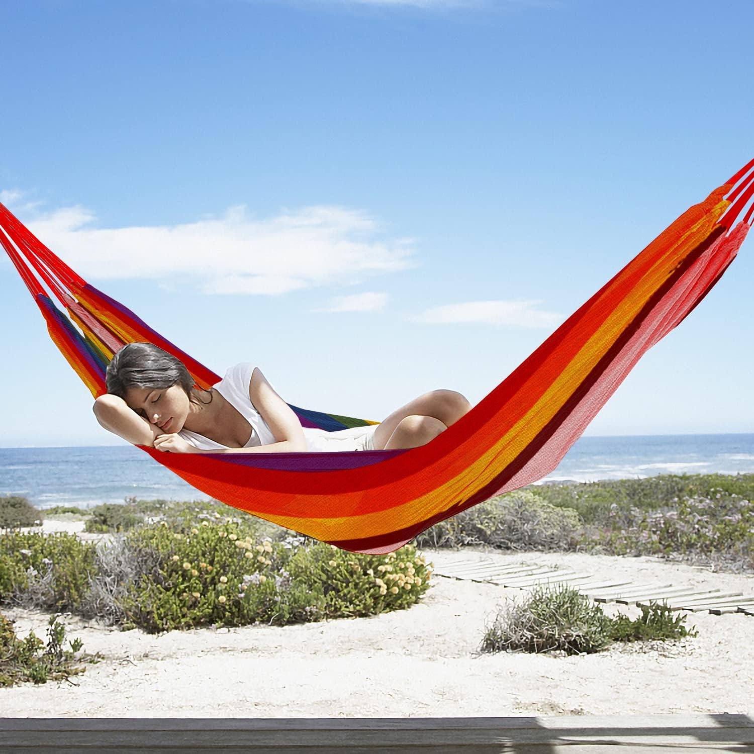 Gold Armour Brazilian Style Hammock with Tree Straps - Durable, Portable Single Double for Camping, Outdoor, Indoor, Patio, Backyard (Rainbow)