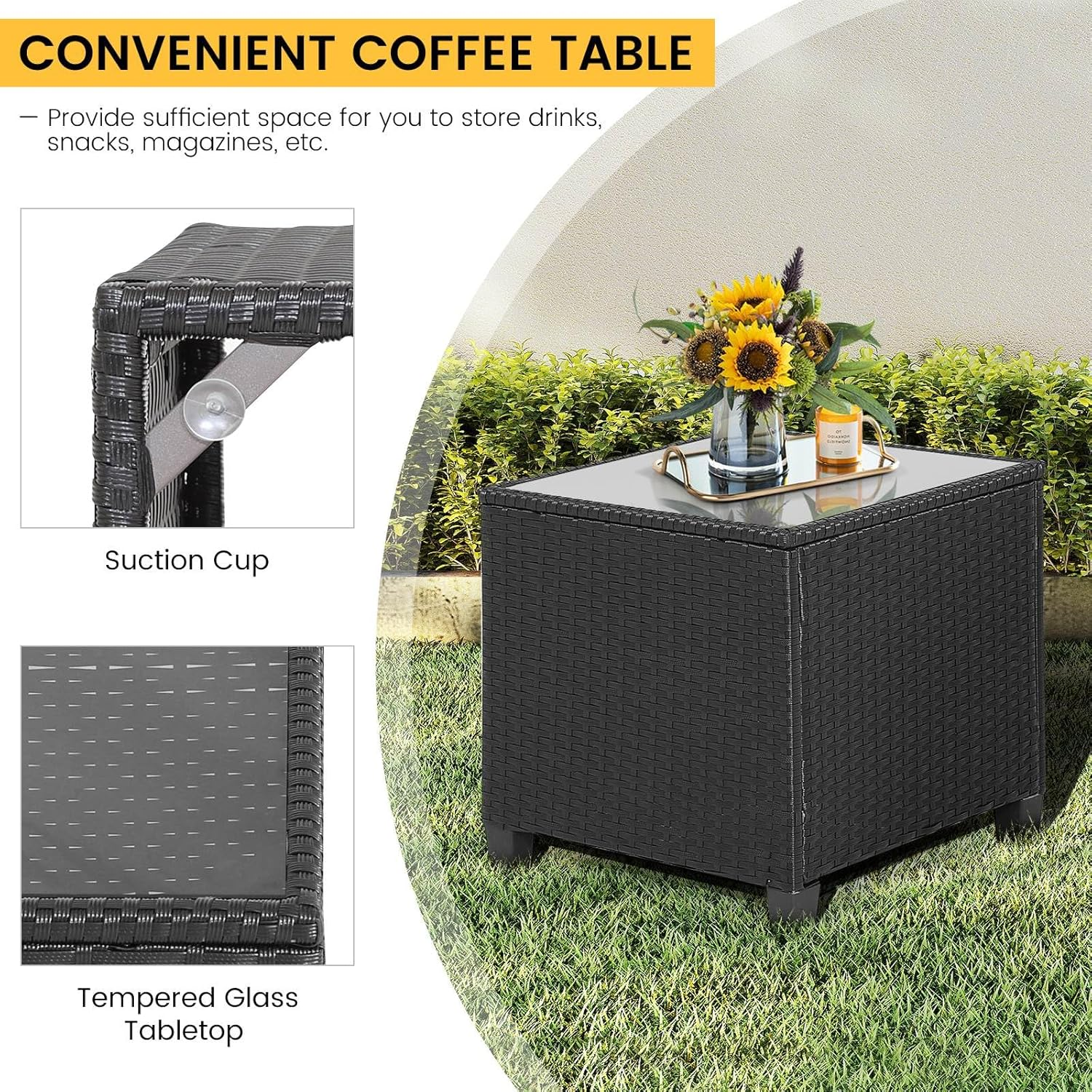 Costway 3 Pieces Patio Lounge Set, PE Rattan Wicker Outdoor Sofa Set W/Washable Cushion and Tempered Glass Tabletop, Conversation Furniture for Garden Poolside Balcony (Gray) - Gray image number 5