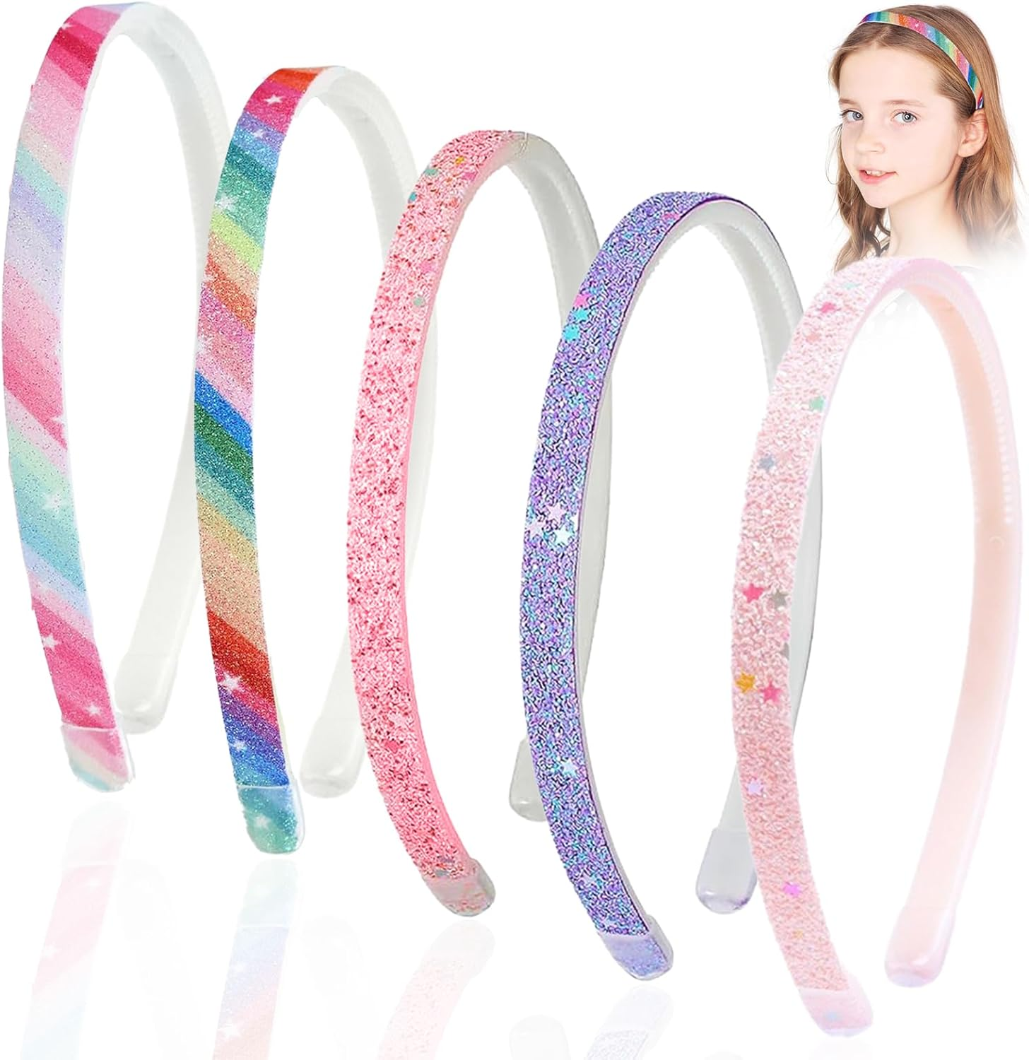 Pack of 5 Girls' Headbands, Colourful Hair Band, Plastic, Glittering, Cute, Non-Slip, Thick, Glittering, Confetti, Rainbow Hair Bands with Teeth for Little Girls image number 3