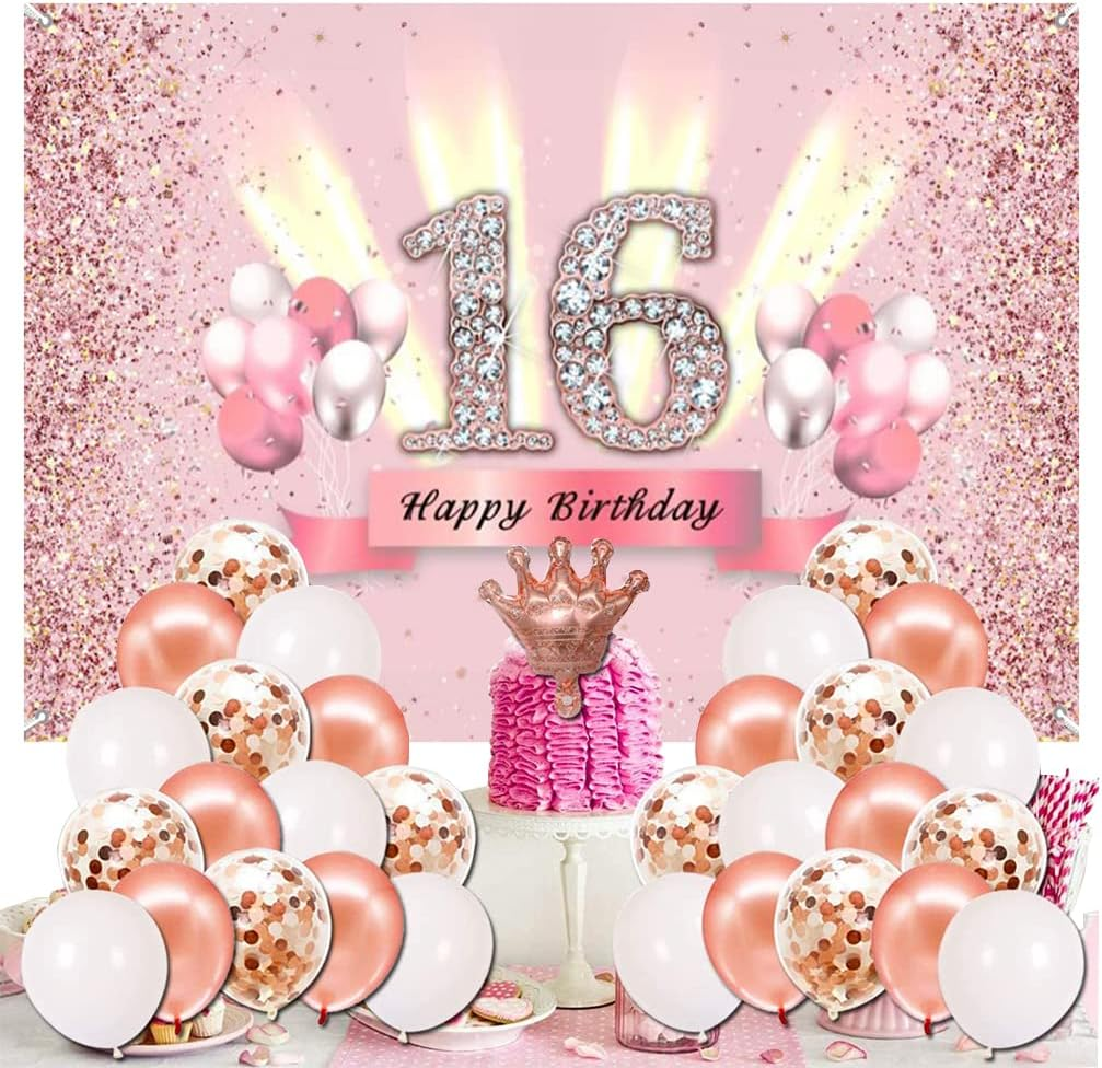 16Th Birthday Decorations for Girls, Backdrop Banner Party Deco Girl 16 Years Old Anniversary Party Fabric Sign Poster Pink Photo Background 16Th Birthday Party Supplies, 59"X35.4"