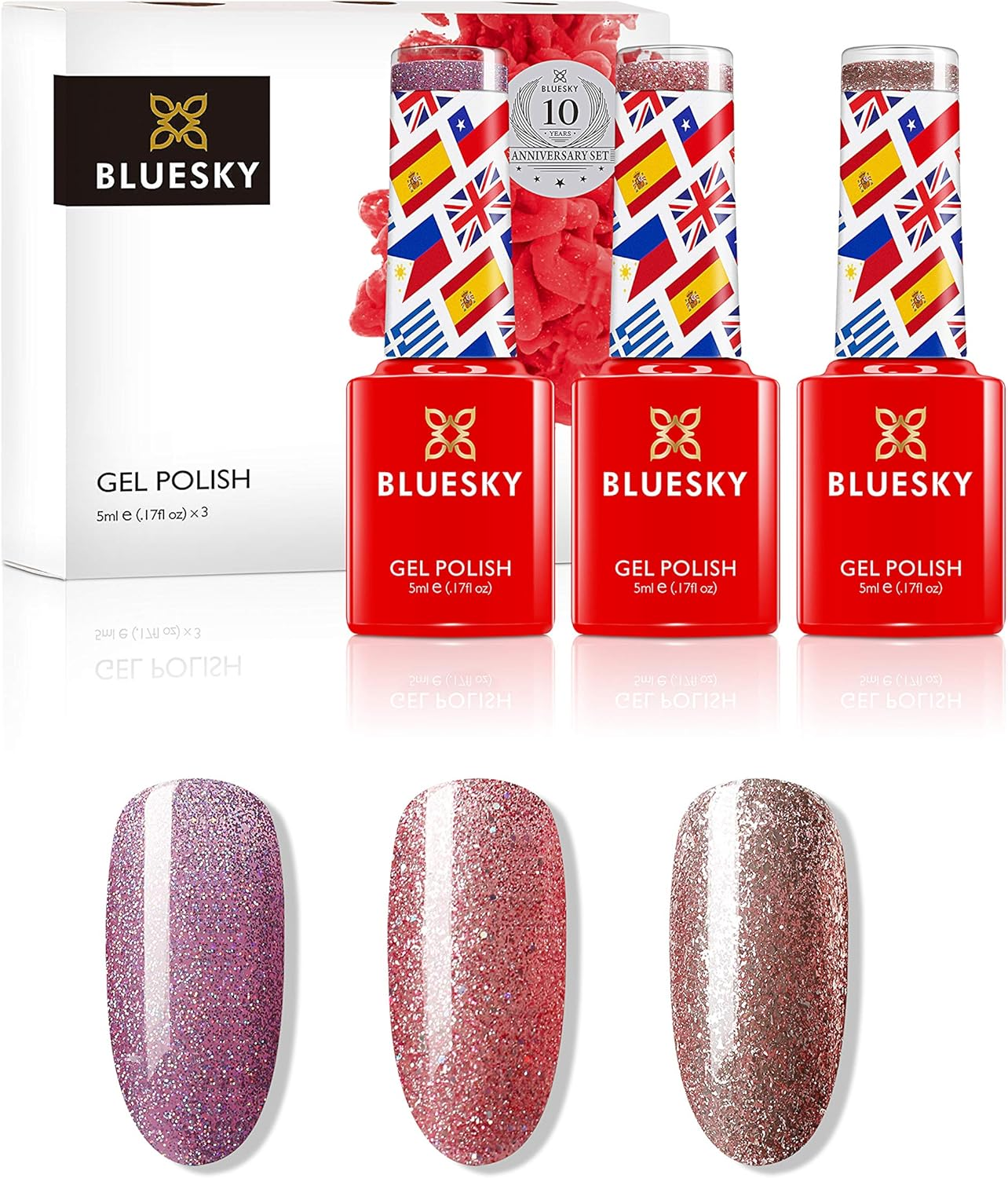 BLUESKY Gel Polish, Gel Nail Polish Set, 10 Year Anniversary - Full Collection. 9 X 5 Ml. Pink, Purple, Red, Nude, Pastel, Glitter - All 3 Sets image number 3