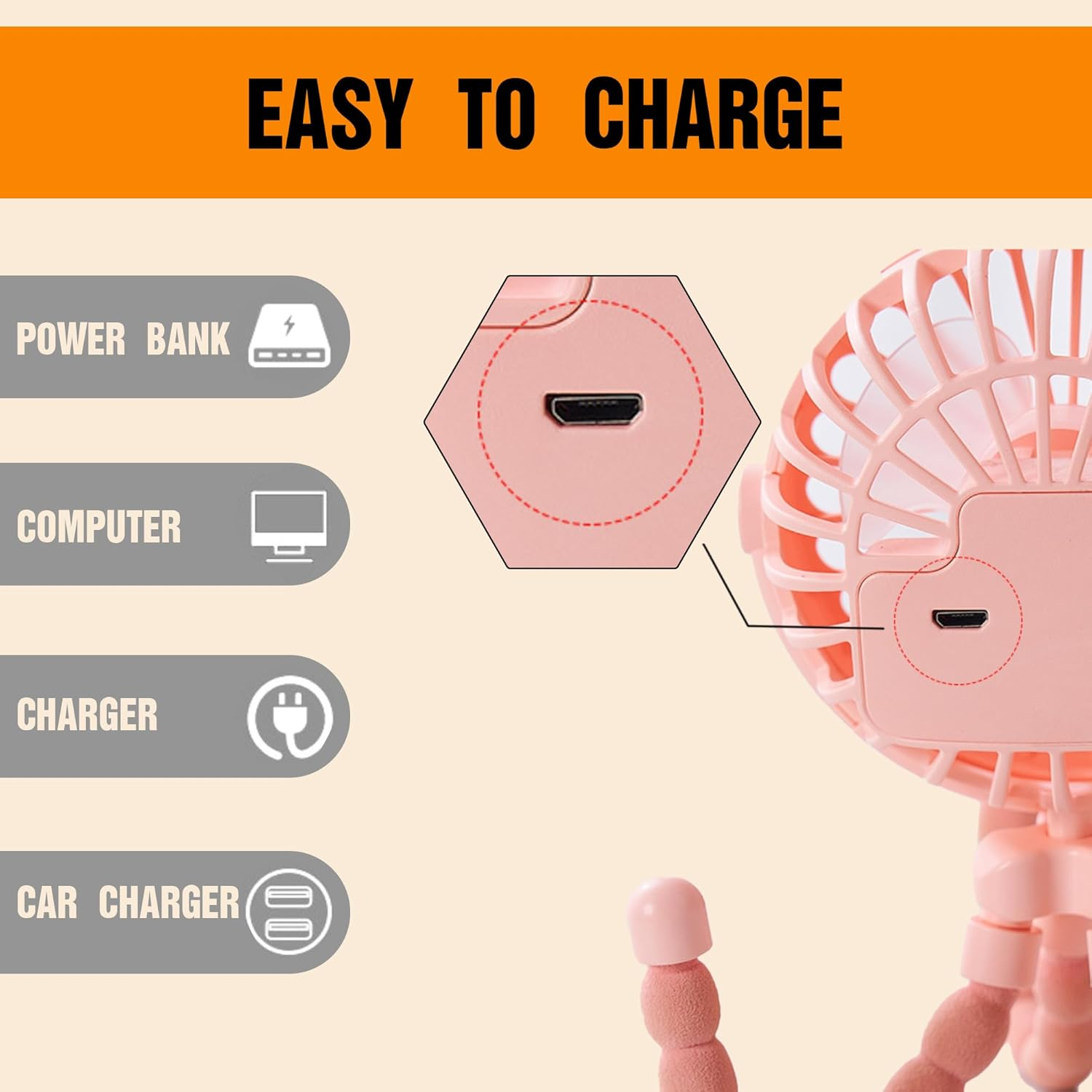 Mini Portable Stroller Fan, Hand Held Fan, 3 Gears, USB Rechargeable, 360&deg; Rotation, Flexible 3-Legged Small Fan, Suitable for Car Seat, Baby Bed, Treadmill and Travel (Black) - Blue image number 2