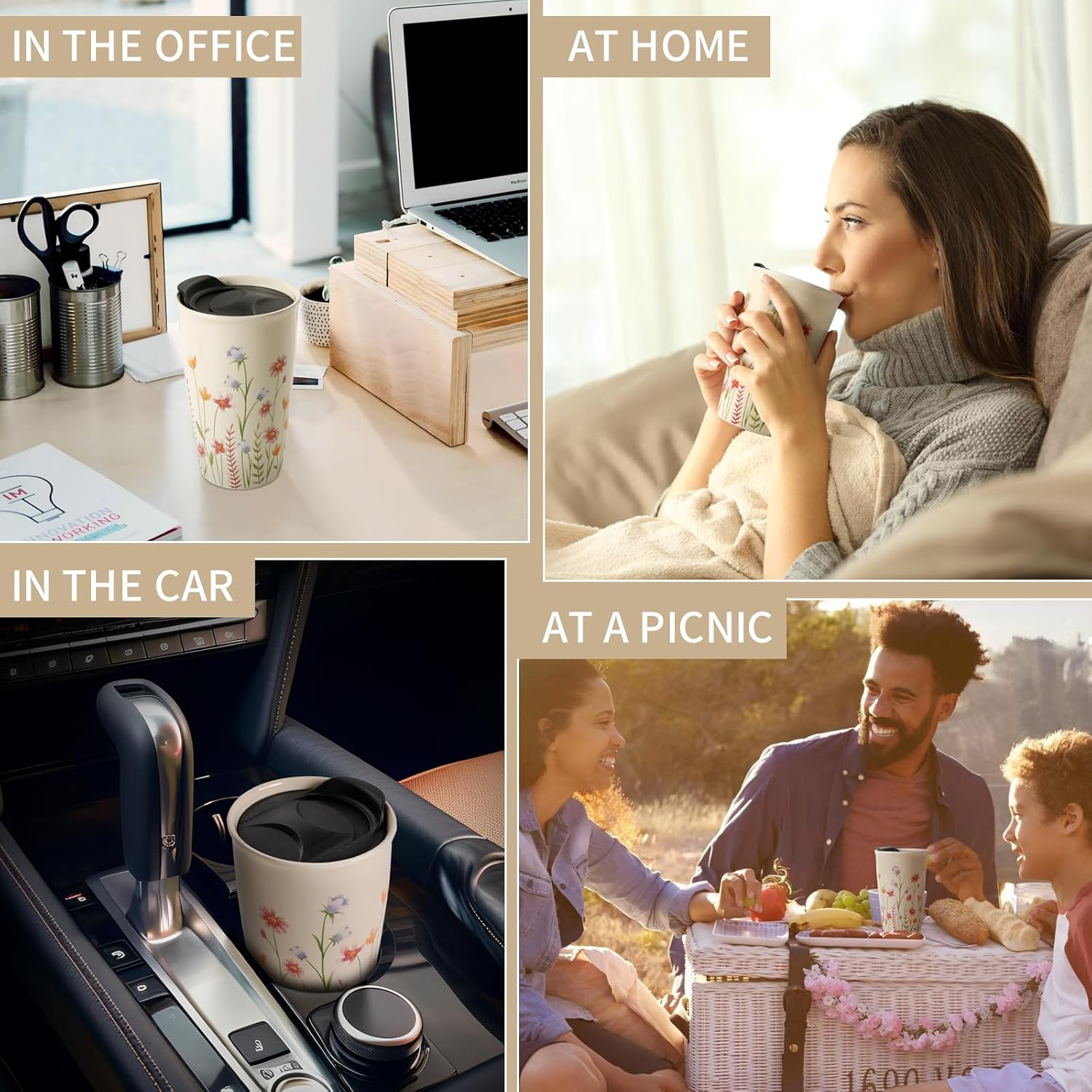 Umlaca Ceramic Coffee Mug with Lid, Double Wall Coffee Travel Mug Ceramic Tumbler 12 Oz, Reusable Tall Cup, Portable, Splash Resistant Lid for Hot Tea Cold Beverage Coffee Tumbler, Dishwasher Safe image number 1