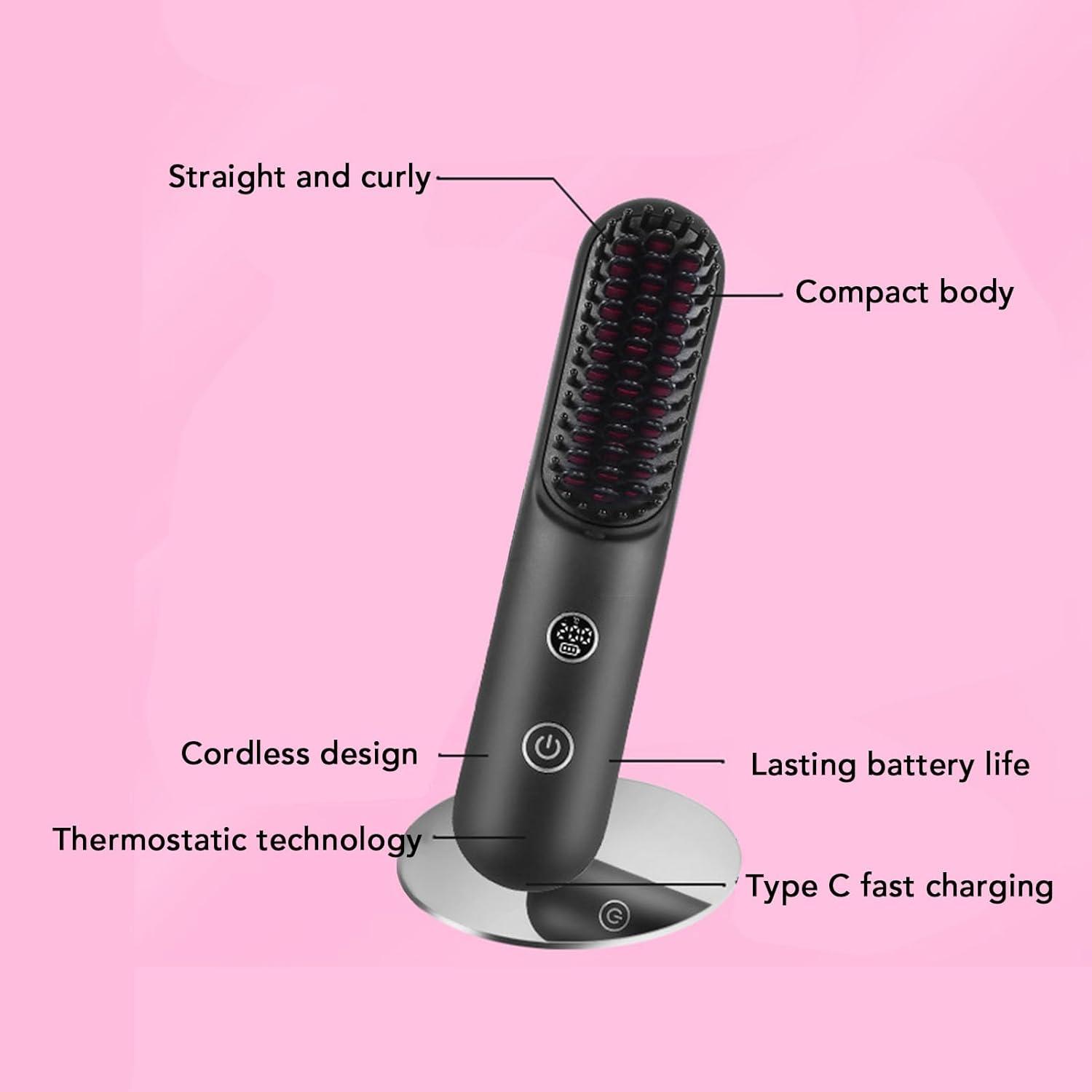 Portable Cordless Hair Straightener Brush with LED Temperature Display, Negative Ion Cordless Hair Straightener Brush with Hair Clip, Type C Cable, Carrying Pouch, Easy to Carry image number 5