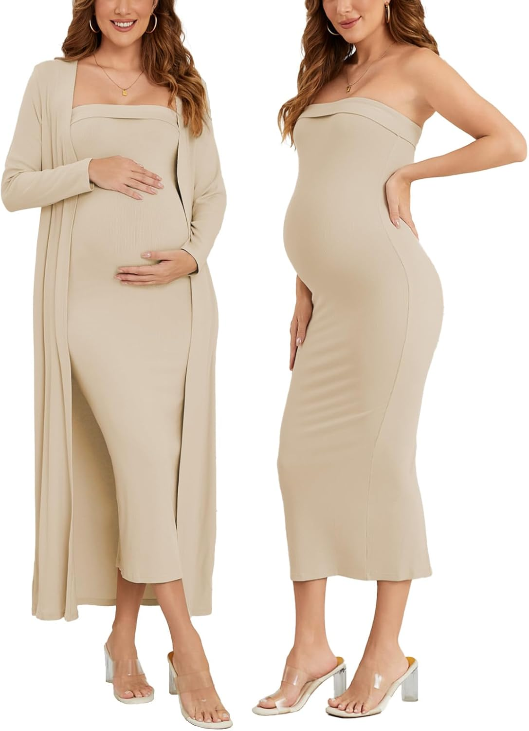 Ecavus Maternity Tube Dress Long Cardigan 2 Piece for Baby Shower and Wedding Guest Ribbed Maternity Photoshoot Dresses