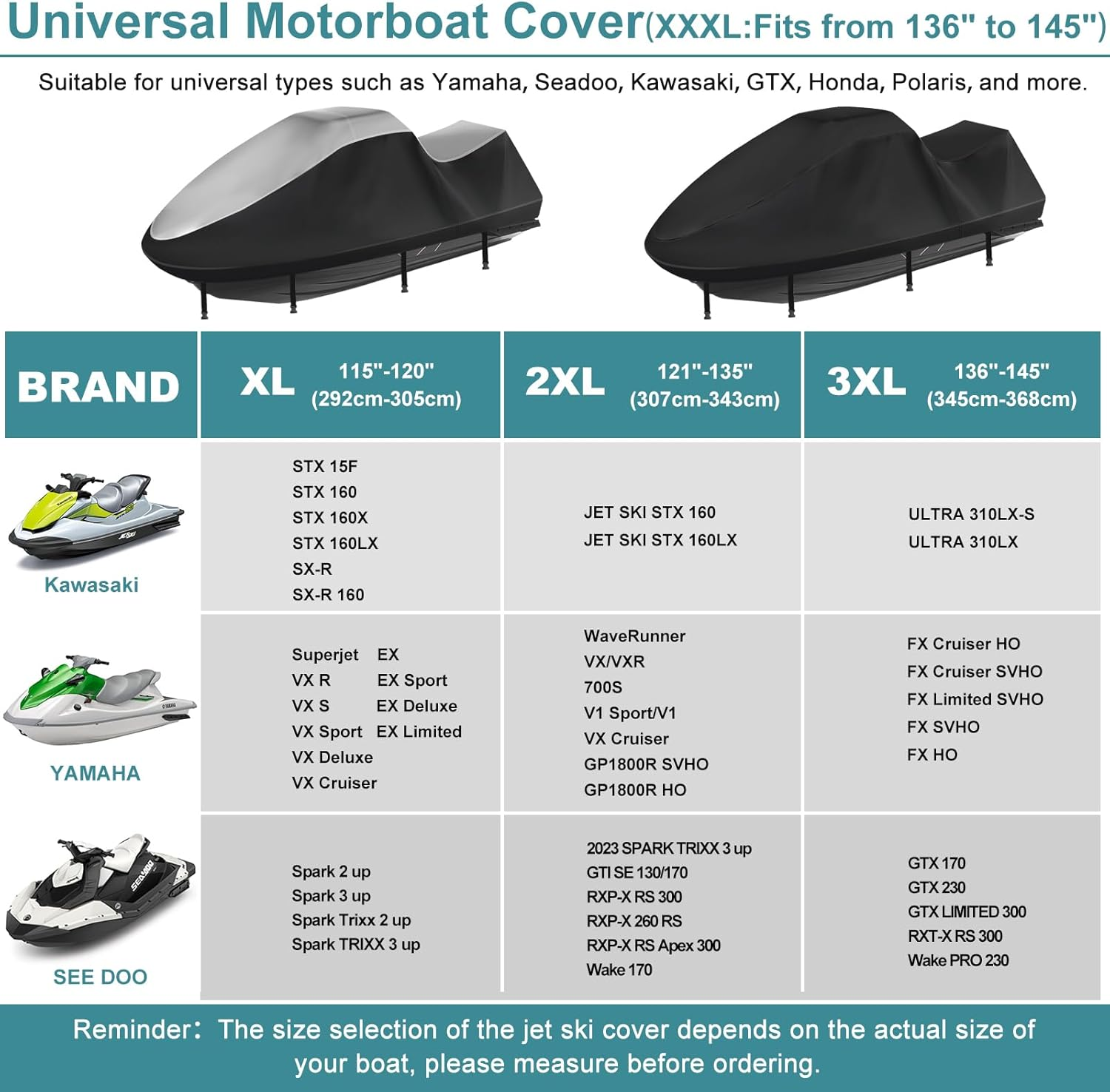 Jetski Covers,Upgraded 420D Waverunner Cover Waterproof,Durable Jet Ski Cover 3 Seater with 2 Air Vents，4 Windproof Buckles，Easy On，All Weather Universal Cover for Seadoo Spark(Black, XL:115"-120") image number 6