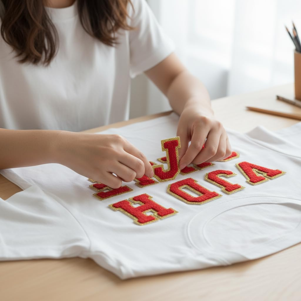 26Pcs Chenille Letter Patches A-Z for DIY Clothing, Fabric, Shoes, Bags &ndash; Self-Adhesive Decorative Iron-On Patches with Gold Trim, Premium Quality (Red)&ndash; Ruibex