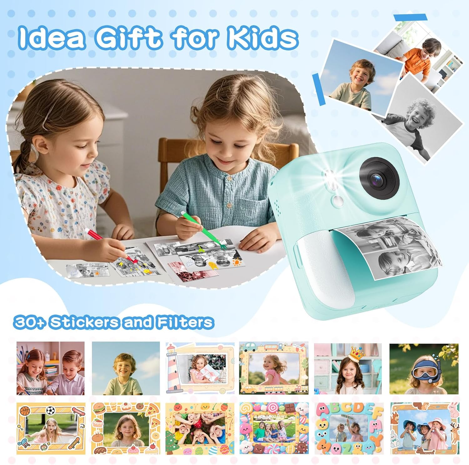 Kids Camera Instant Print Color Photos, Dual-Lens Instant Print Camera for Kids, Toddler Portable Travel Digital Camera Toy for 4 5 6 7 8 Year Old Boys Girls Christmas Birthday Gifts 64GB Card, Blue image number 1