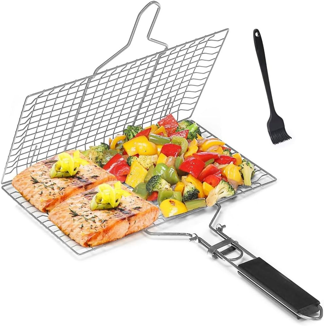 Idopick Grill Basket,Bbq Grilling Basket, 304 Stainless Steel Folding Fish Grilling Baskets with Removable Handle, Portable Outdoor Camping BBQ Rack for Fish, Shrimp, Vegetables, Barbeque Griller