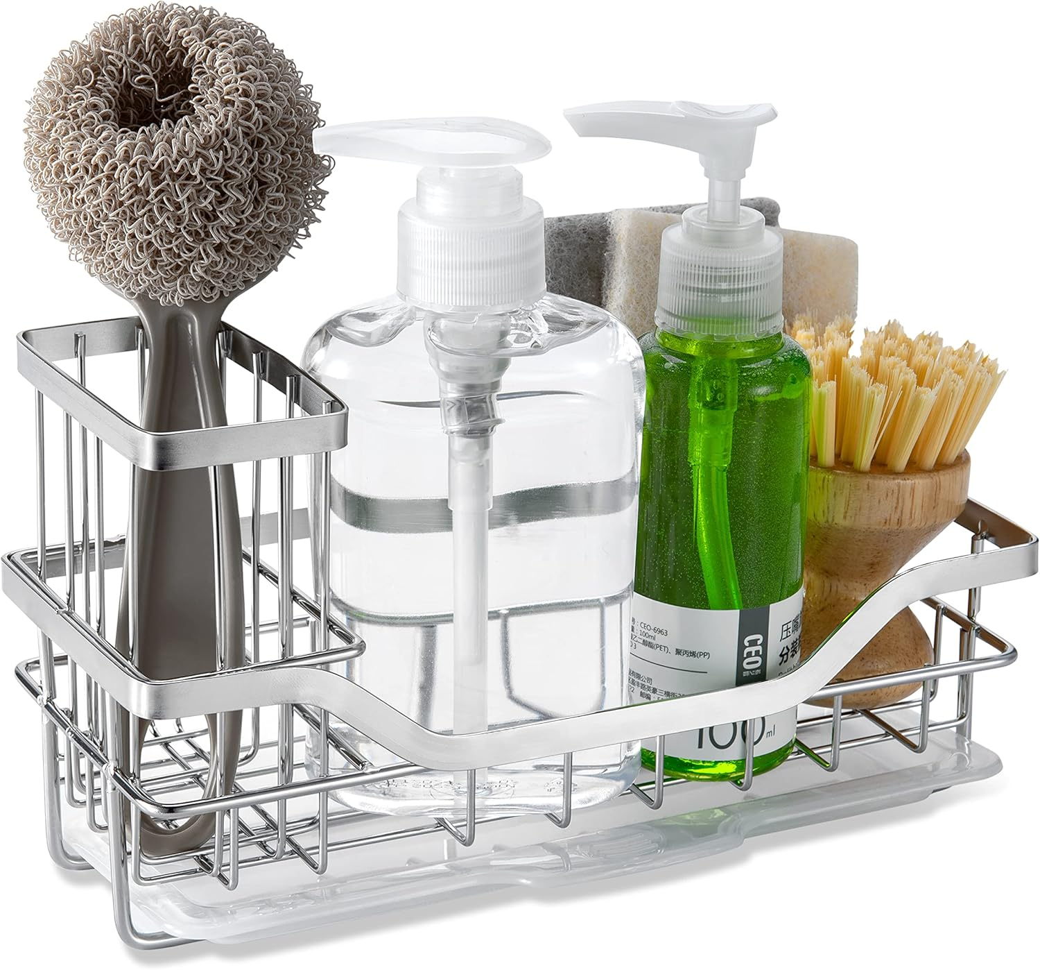 COCOBOSS Sink Organiser, Kitchen Sink Sponge Holder, Premium Stainless Steel Sink Organiser Kitchen with Removable Drip Tray and Non-Slip Strips, Silver (22 X 9 X 13 Cm)