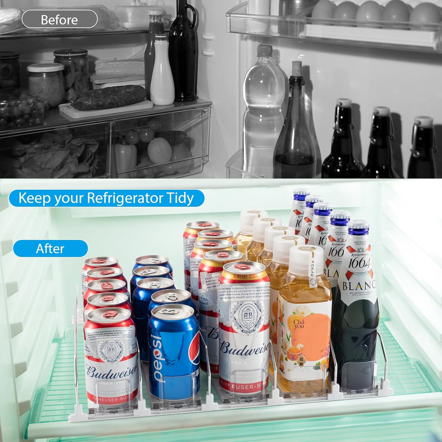 Can Dispenser for Refrigerator - Automatic Pusher Glide, Fridge Bottle Rack Drink Organizer, Self-Pushing Width Adjustable Beverage Storage Holds up to 20-25 Cans (L) image number 3