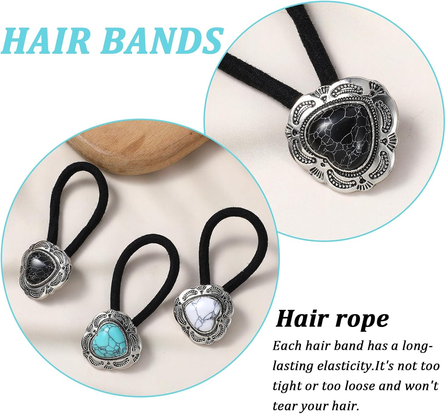 Ouligay 3 Pcs Western Ponytail Holders,Metal Boho Hair Ties with Turquoise,Boho Hair Ties Bracelet Hair Ties No Damage,Vintage Heart Hair Ropes,Silver Hair Bands,Hair Accessories for Women Girl image number 4