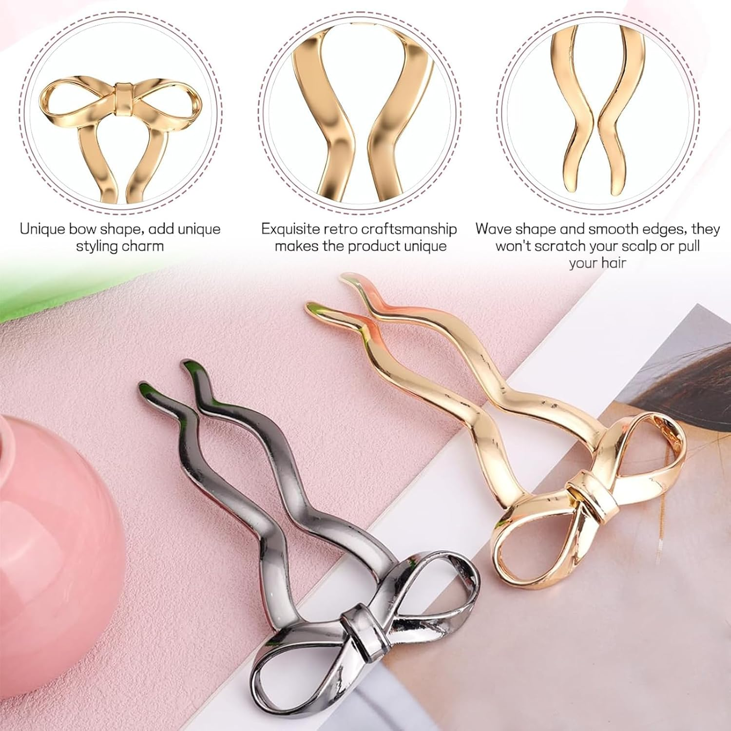 ASOMI 2 Pieces French Bow Hair Forks Vintage Style for Women Large U Shaped Metal Updo Hairpins for Long Thick Hair (Gold, Black) image number 1