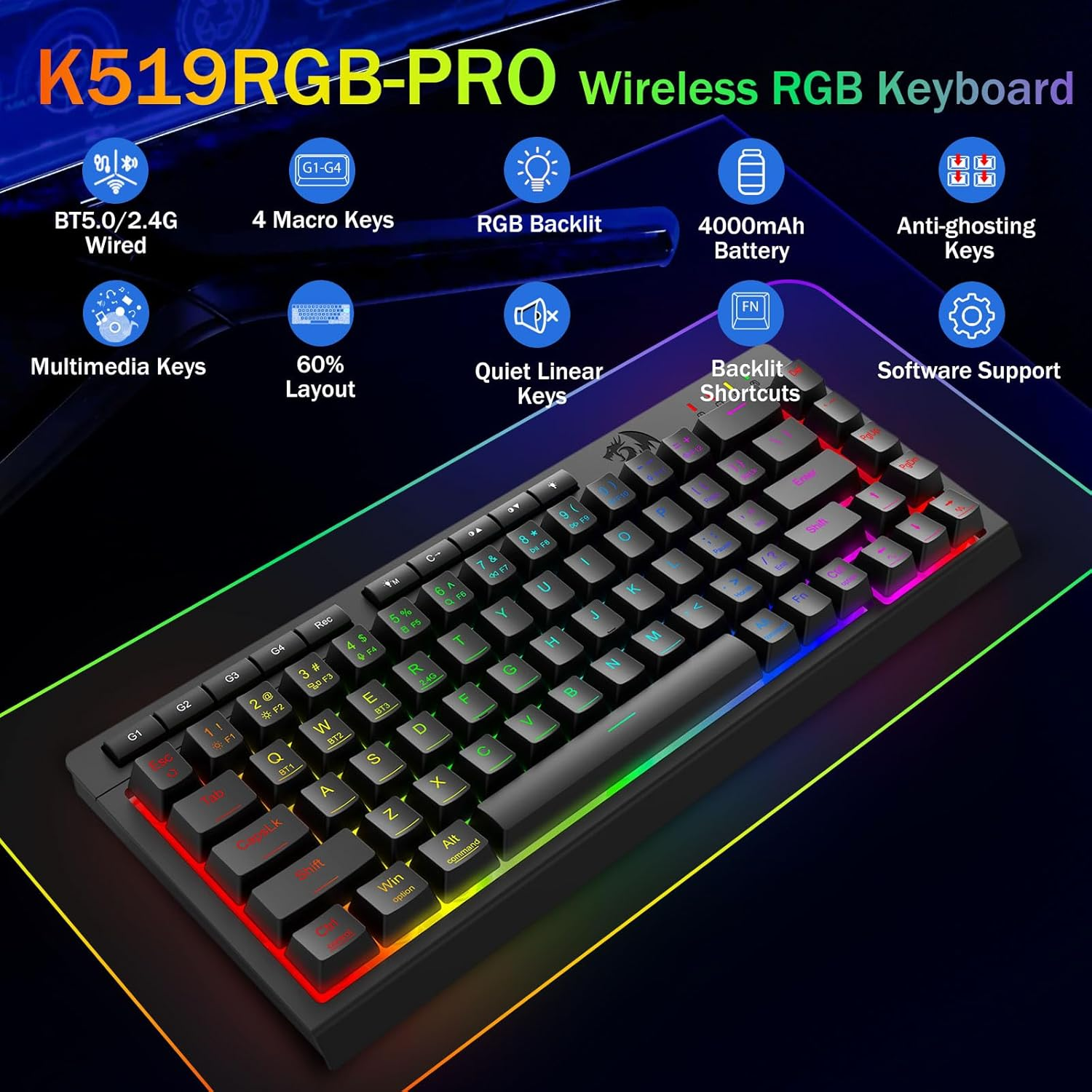 Redragon Portable Wireless Gaming Keyboard, Extra On-Board Macro Keys, Bluetooth/2.4Ghz/Usb-C, RGB Backlit, Anti-Ghosting, Rechargeable, Software Support, 60% Quiet Membrane Keyboard