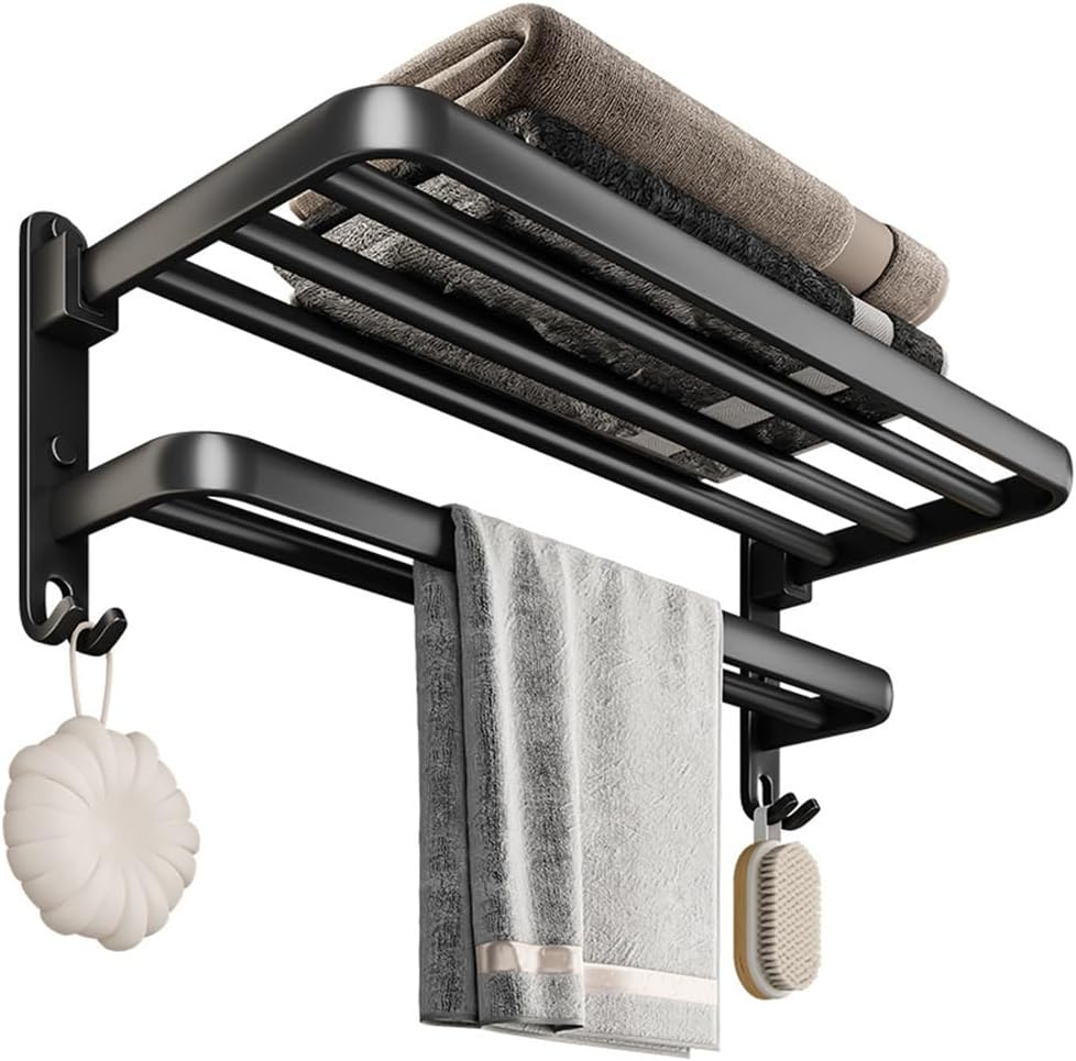 Double-Layer Bathroom Towel Rack, Foldable Washroom Shelf, Rustproof Shower Organizer, with Hooks, for Towels, Toiletries (Long 40 CM) image number 2