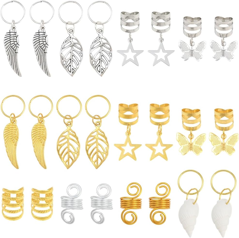 SUNNYCLUE 1 Box 120Pcs 12 Styles Hair Braid Clips Hair Braiding Decorations Metal Alloy Gold Silver Star Leaf Butterfly Shell Wing Braids Rings Jewellery for Women Wedding Graduation Birthday Decors image number 1