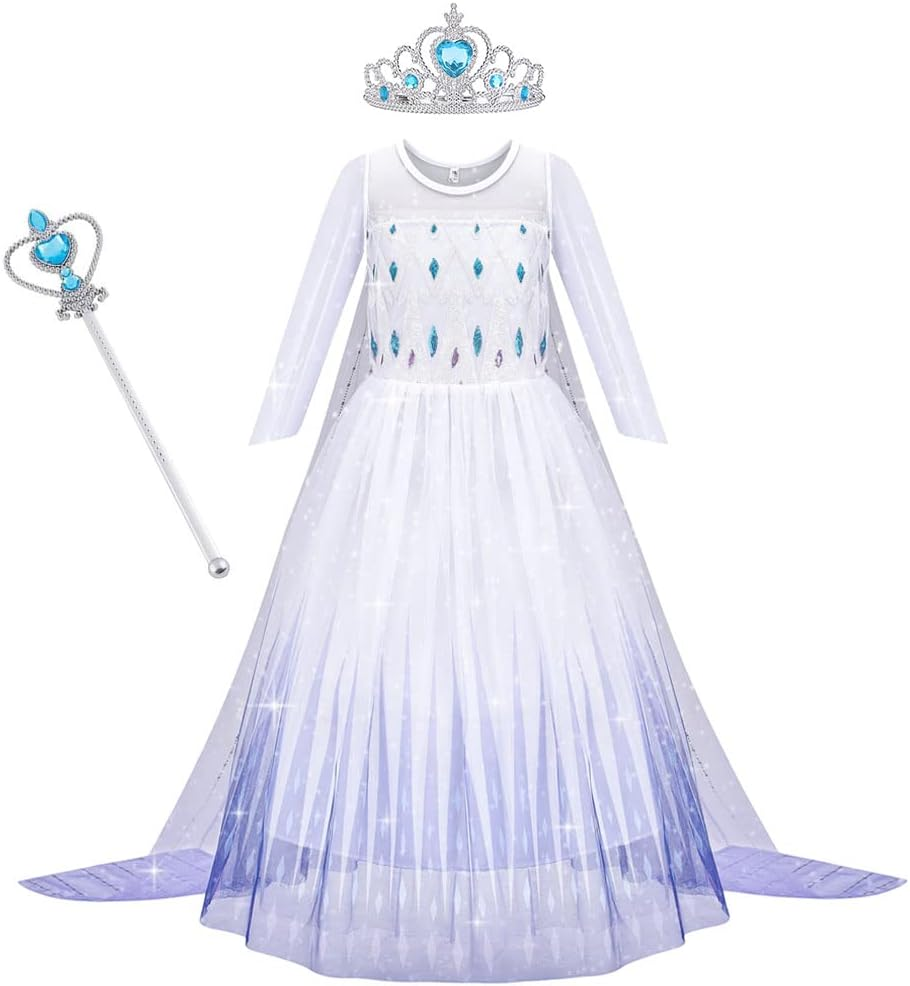 Princess Elsa Dress Costume, Luxury Princess Dress with Shining Long Cape, Snow Party Dress Elsa Princess Costume for Girls Toddler Cosplay Elsa Dress Up image number 5