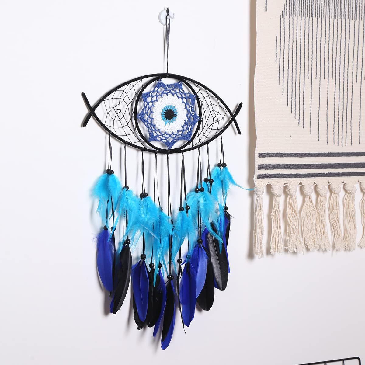 Zingtsing Handcraft Dream Catcher with Wooden Beads, Large Evil Eye Dream Catcher, Handmade Colorful Feather Dreamcatcher for Wall Decor (Black) image number 4