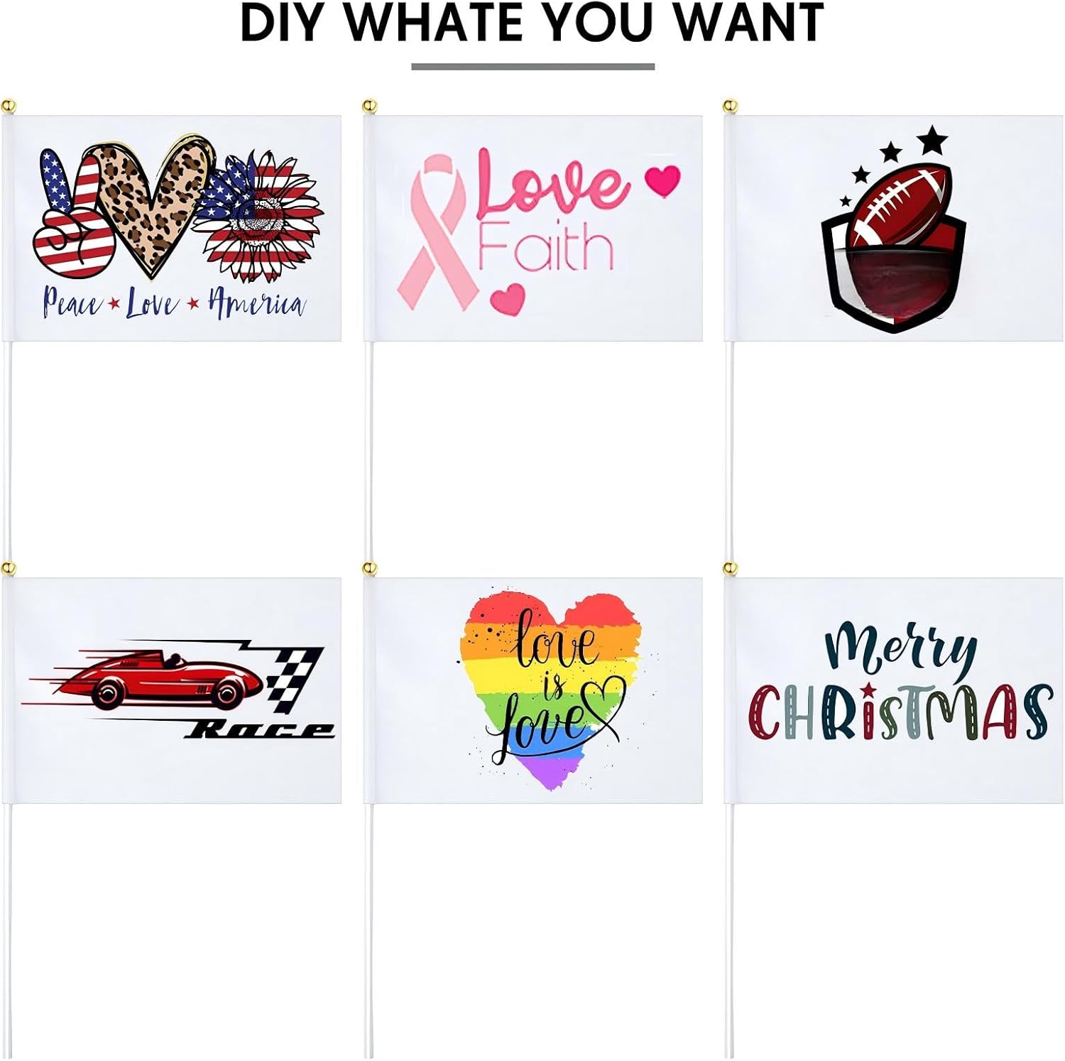 50 Pcs White Small Mini Flags Bulk Sublimation Blank Plain Hand Held DIY Miniature on Stick for Garden Car Parades Grand Opening Birthday Wedding Party Events Celebration