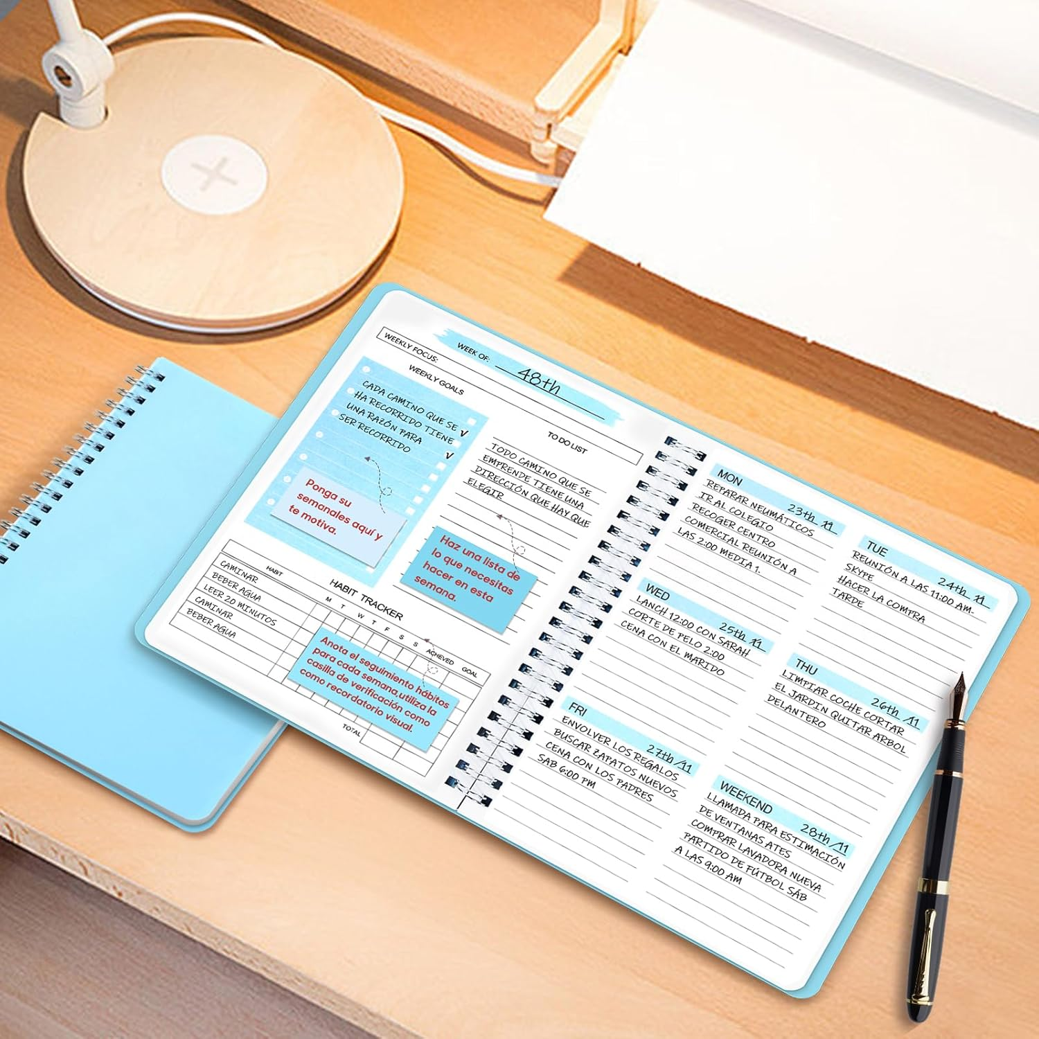 Undated Weekly Agenda, A5 English Spiral Notebook, Work Agenda, Weekly Notes, Waterproof PVC Cover (Blue)