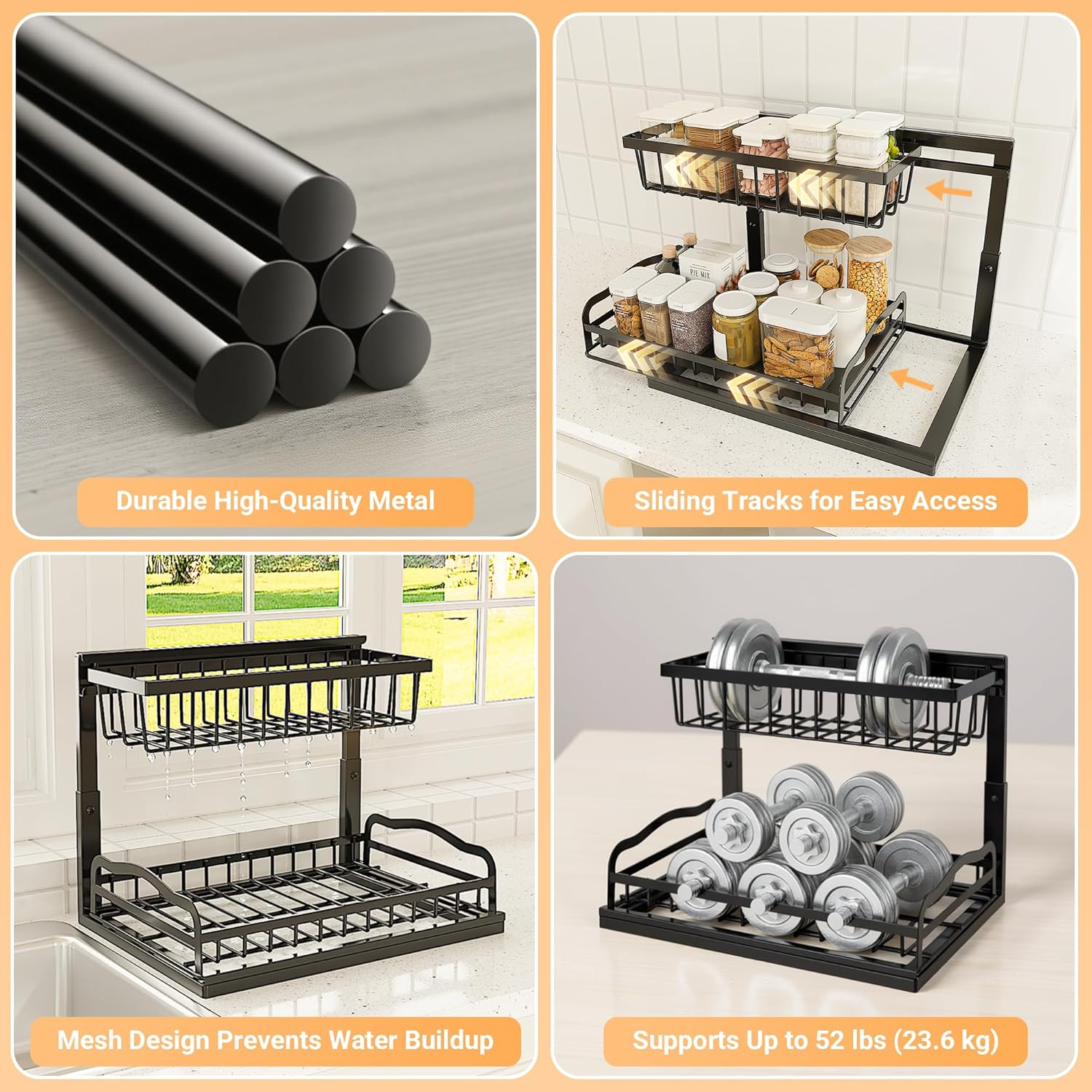 Acemining under Sink Organizer, 2 Pack Pull-Out under Cabinet Organizer, 2 Tier under Sink Storage with Sliding Basket, L-Shaped and Adjustable Height Design for Kitchen and Bathroom image number 5