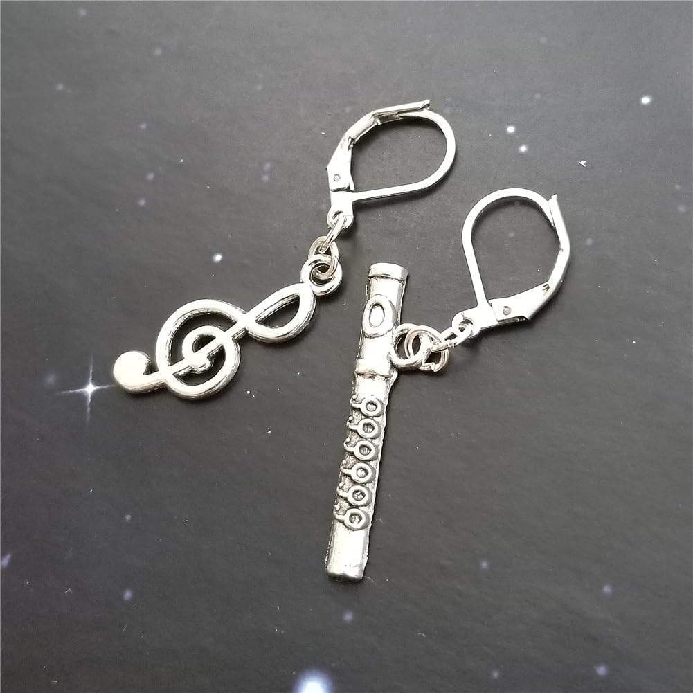 Musical Symbol Flute Mismatch Earrings, Musical Instrument Jewelry, Music Lover, Cool Music Note Lever Back Earrings image number 1