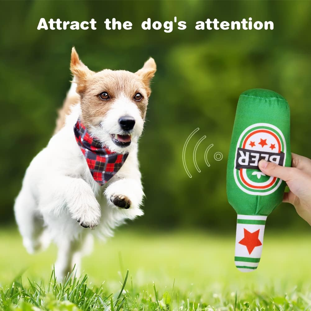 Vsshe Beer Bottle Plush Toys, 1 Pack Pet Plush Squeaky Dog Toy, Champagne Shape Dog Squeaky Chew Toys, Interactive Safe Doll Game Dogs Birthday Toys for Small, Medium, Large Dogs and Other Pets, Green image number 2