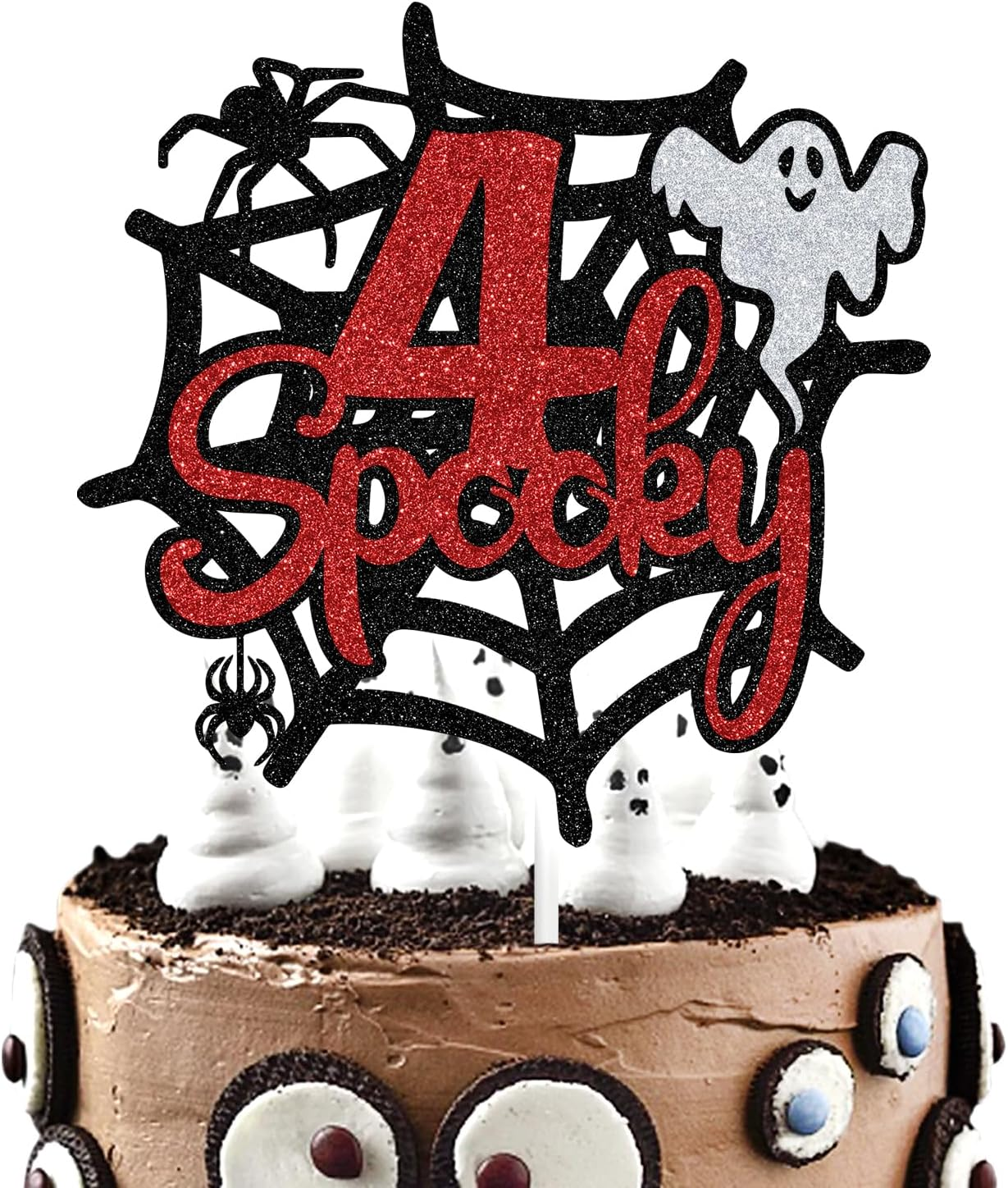 Spooky 4Th Birthday Cake Topper, Four Ever Spooky, Bat Ghost Cake Decor Halloween Theme 4Th Birthday Party Decorations Supplies for Boys Girls, Black Glitter image number 6