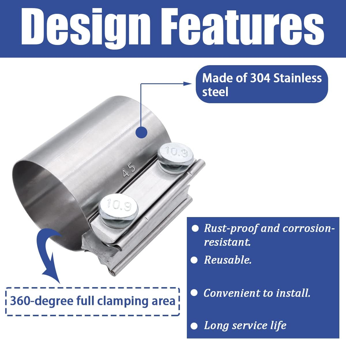 Dianrui 2PCS 1.75" Butt Joint Stainless Steel Clamp Band; 1.75 Inch Universal Widening Clamp Fit for Exhaust System, Muffler image number 4