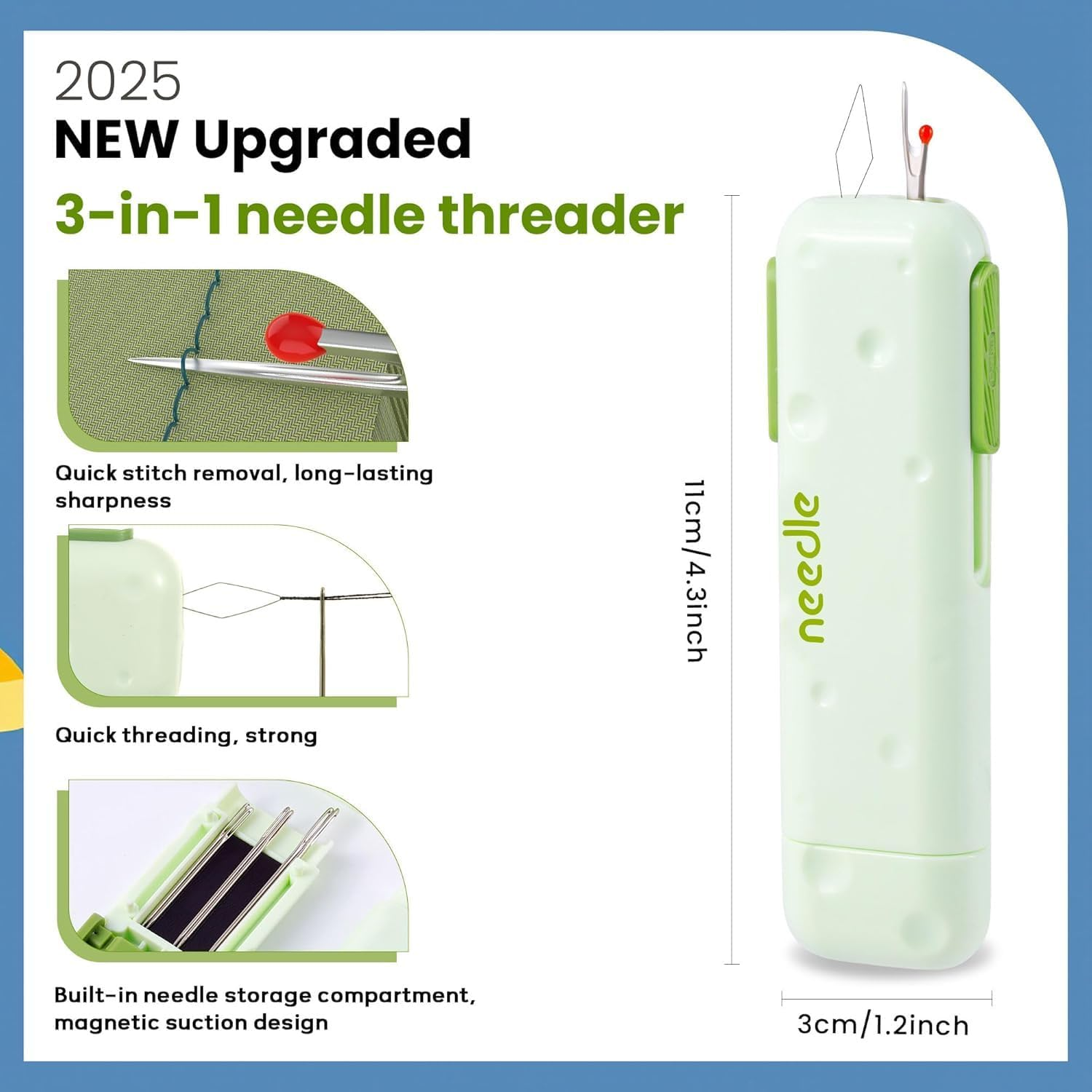 New Upgraded 3-In-1 Automatic Needle Threader, Seam Ripper & Magnetic Needle Box Quick Sewing Kit for Hand Sewing, Embroidery & Crafts image number 4