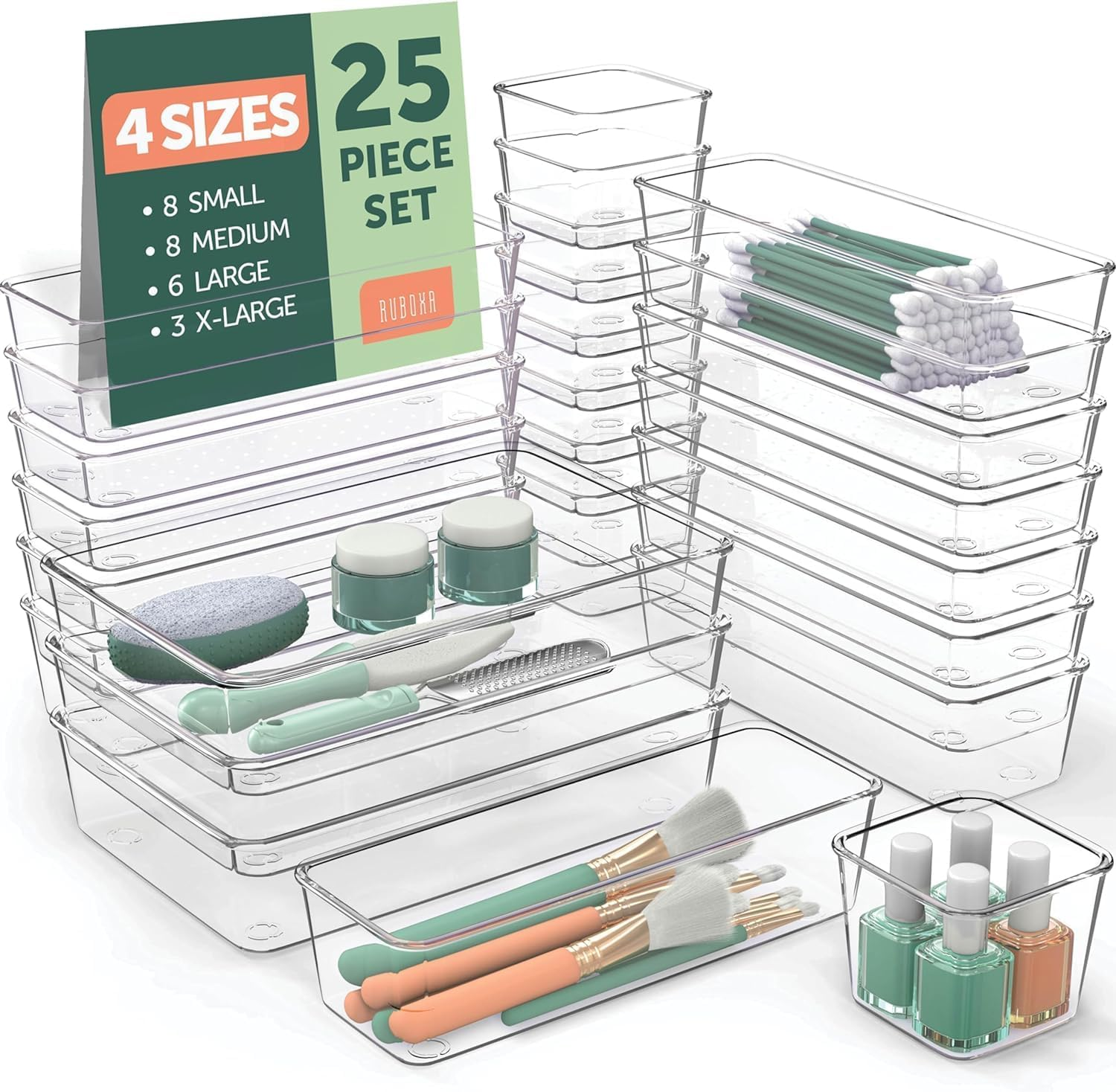 25 PCS Clear Plastic Drawer Organizers Set, 4 Sizes Clear Drawer Organizers & Storage Bins for Makeup/Jewelry Vanity, Kitchen Gadgets or Office Desk. Bathroom Drawer Organizer Trays