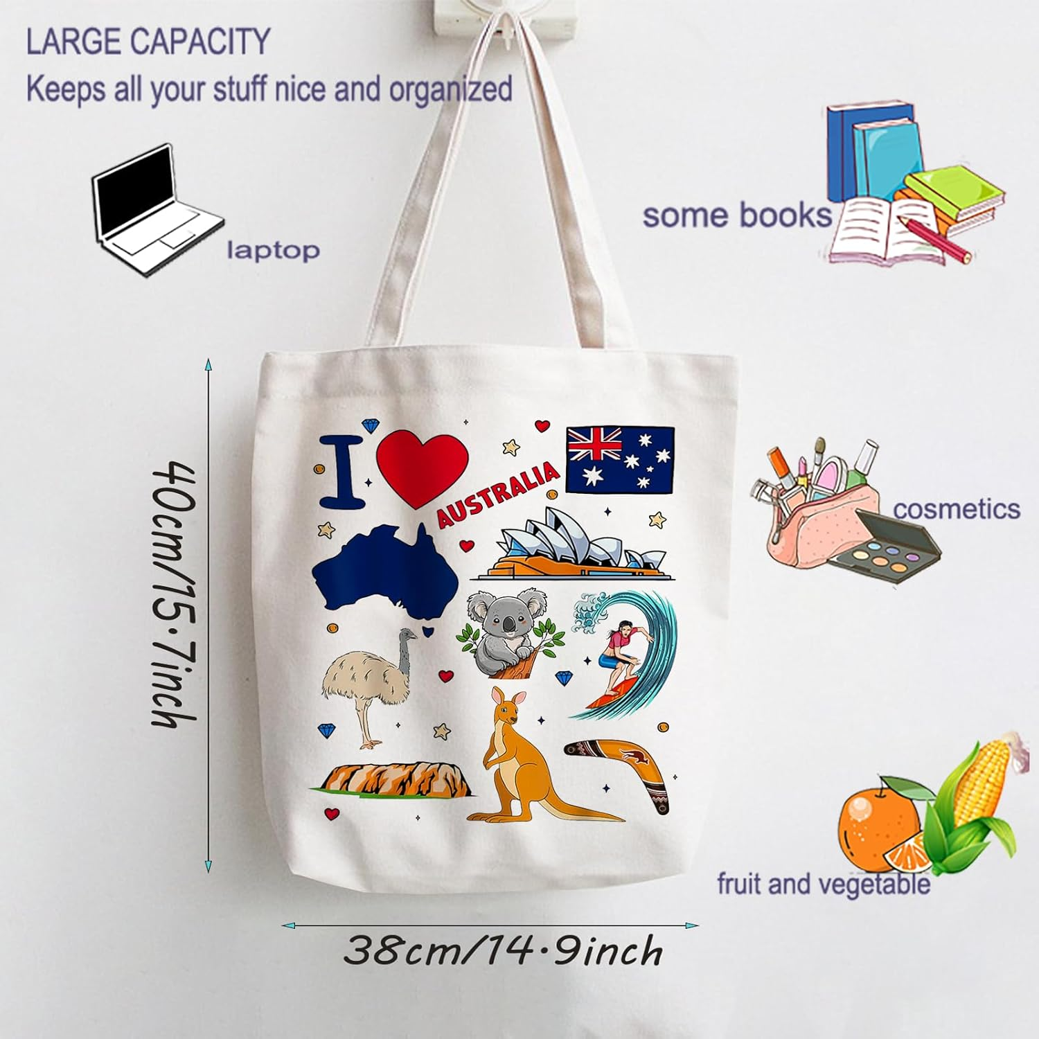 Kangaroo Koala Lover Gift Australian Animals Tote Bag Platypus Crocodile Shopping Grocery Bag