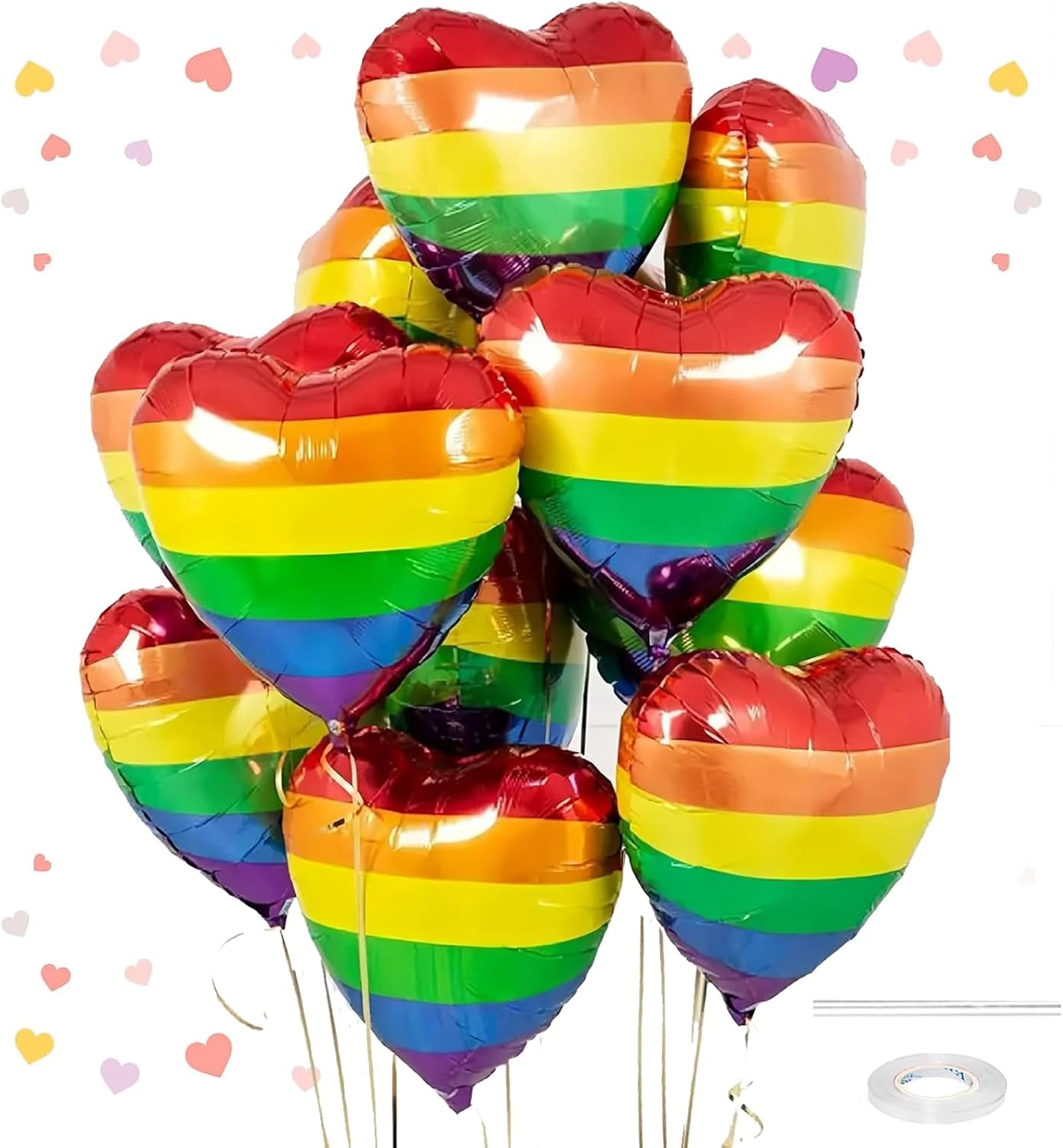 10PCS 18'' Rainbow Heart Foil Aluminum Balloons, Large Reusable Rainbow Heart Design Foil Balloons for Pride Month LGBTQ Gay Birthday Party Decorations