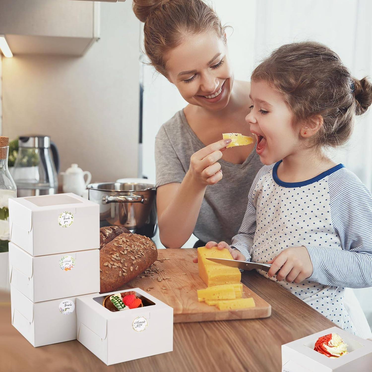 50Pcs White Bakery Boxes with Baking Paper for Convenient Wrapping, 4X4X2.5Inches, Sturdy & Adorable Pastry Gift Box with Window for Mini Desserts, Small Treats, Cookies and Party Favor Box. image number 2